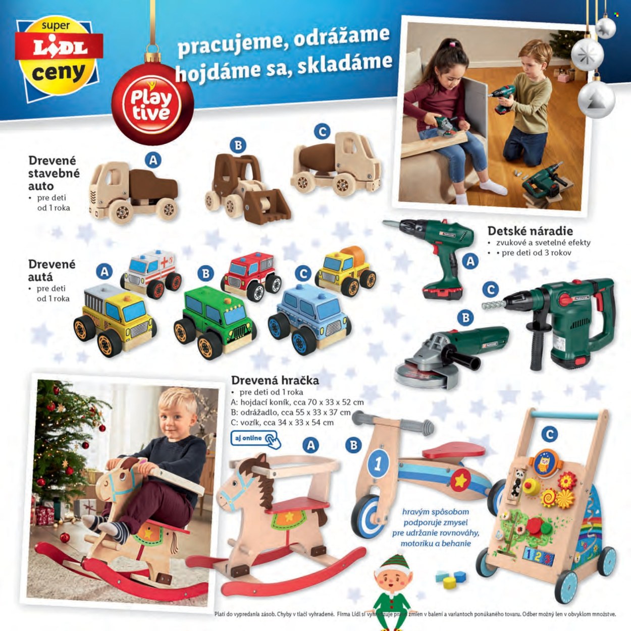thumbnail - Leták Lidl - Produkty v akcii - hojdací koník, odrážadlo, náradie, autíčko, drevená hračka, detské náradie. Strana 22.