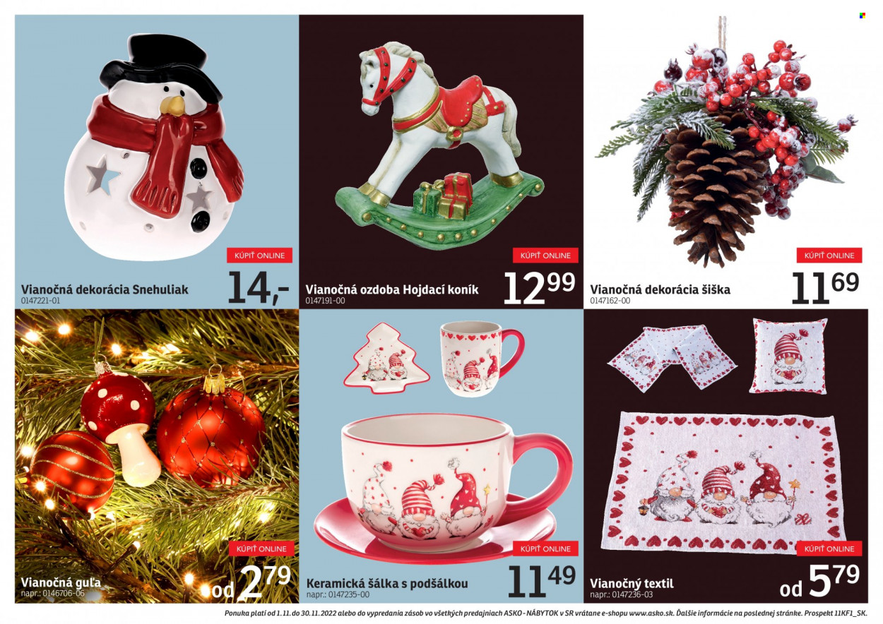 thumbnail - Leták Asko Nábytok - 1.11.2022 - 30.11.2022 - Produkty v akcii - šálek, vianočná dekorácia, hojdací koník, vianočné gule, dekorácie. Strana 3.