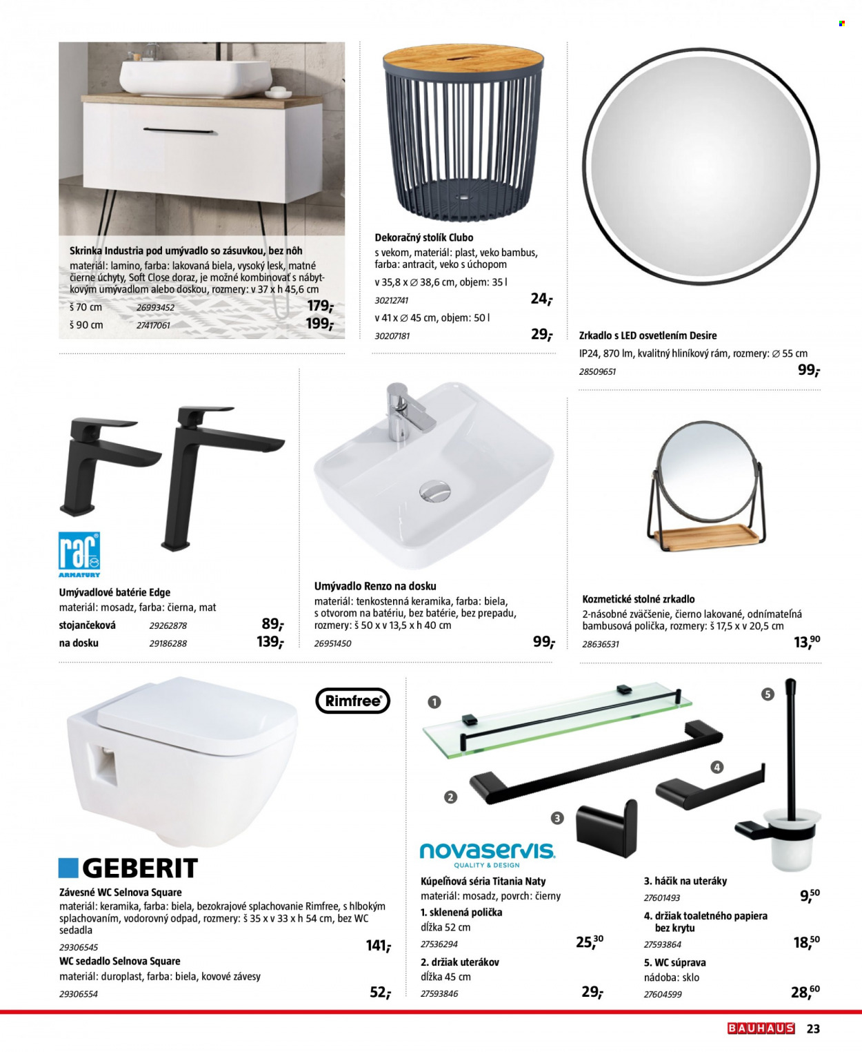 thumbnail - Leták Bauhaus - 5.11.2022 - 31.3.2023 - Produkty v akcii - nádoba, háčik, WC súprava, zrkadlo, závesné wc, WC sedadlo, umývadlová batéria. Strana 23.