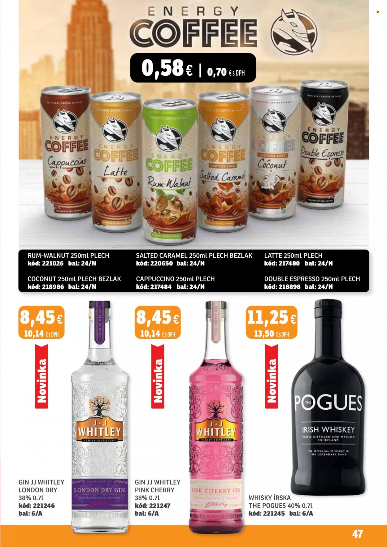 thumbnail - Leták Labaš - 18.11.2022 - 1.12.2022 - Produkty v akcii - energetický nápoj, cappuccino, Espresso, káva, alkohol, rum, whisky, gin. Strana 47.