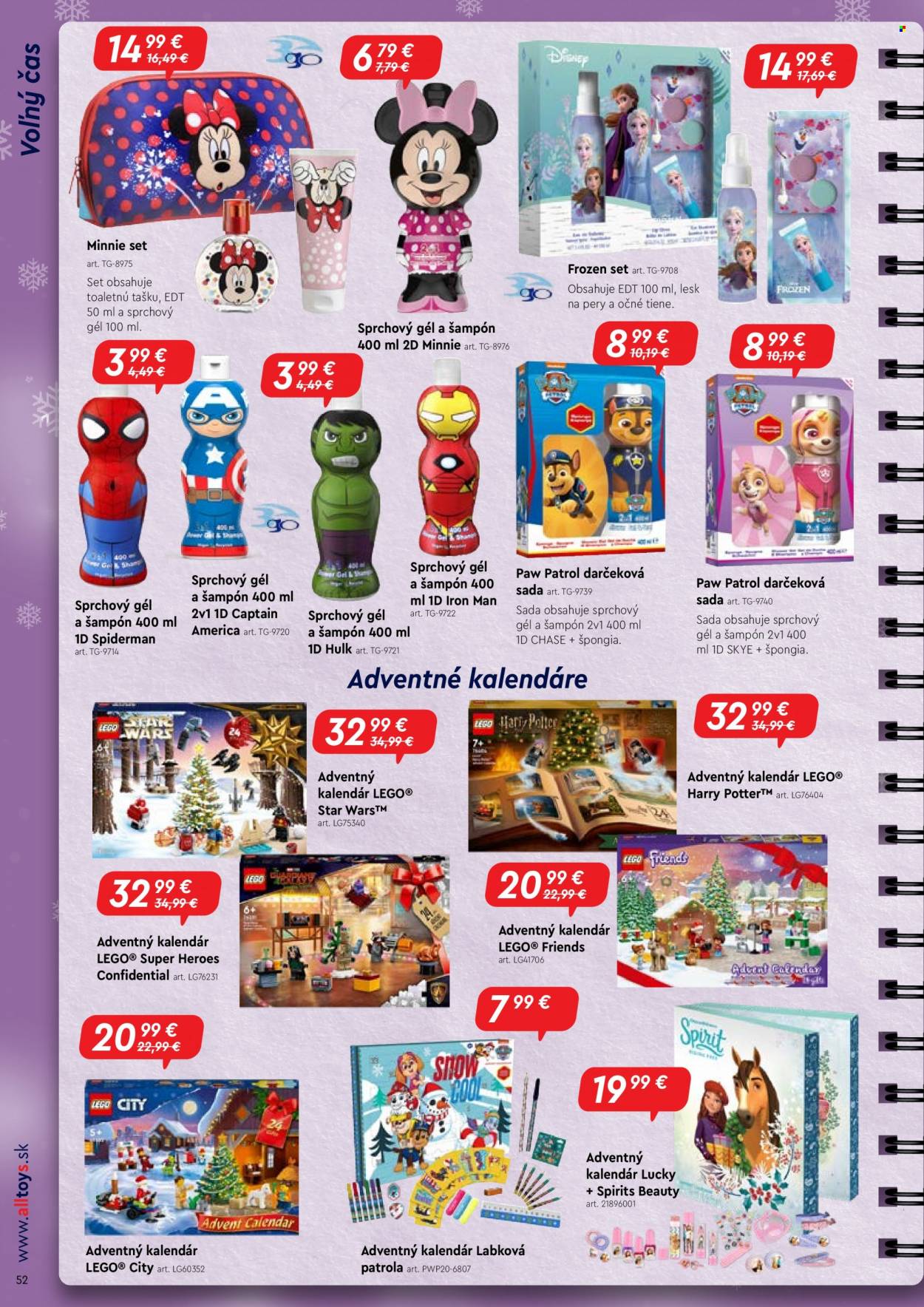 thumbnail - Leták Alltoys - 10.10.2022 - 31.12.2022 - Produkty v akcii - Spiderman, Minnie, L'adové královstvo, šampón, sprchovací gél, adventný kalendár, Paw Patrol, LEGO, LEGO Super Heroes. Strana 52.