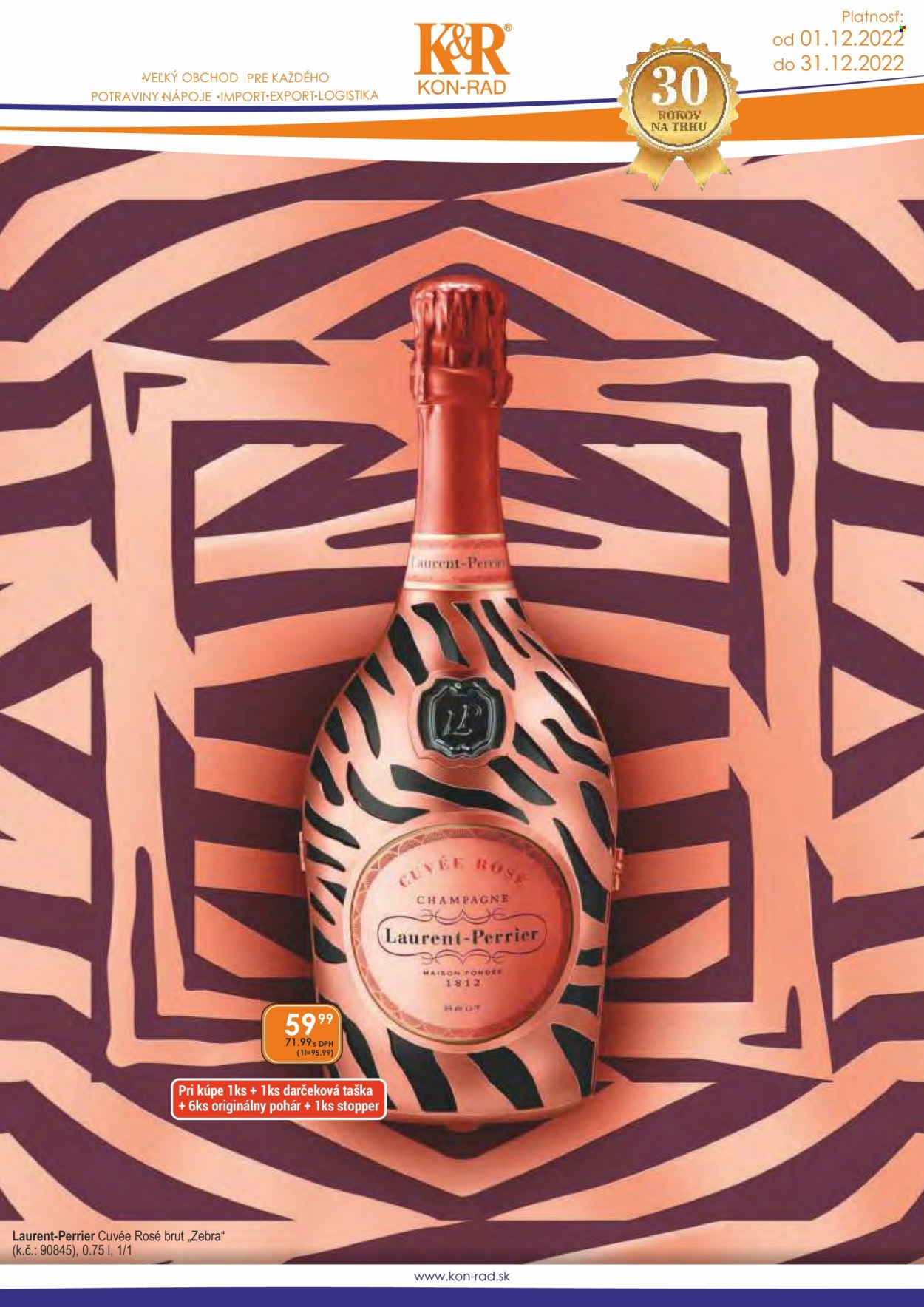 thumbnail - Leták KON-RAD - 1.12.2022 - 31.12.2022 - Produkty v akcii - Perrier, Laurent-Perrier, víno, alkohol, Cuvée, darčeková taška. Strana 1.