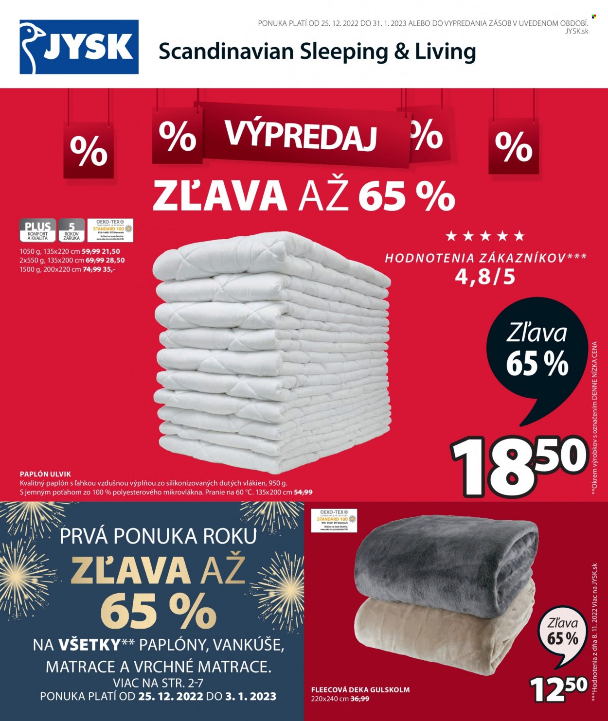 thumbnail - Leták JYSK - 25.12.2022 - 31.1.2023 - Produkty v akcii - prikrývka, deka, fleece deka. Strana 1.