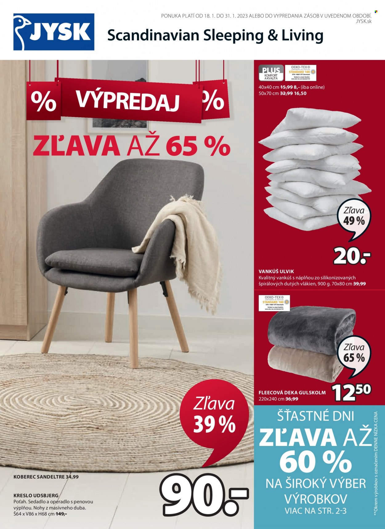 Leták JYSK - 18.1.2023 - 31.1.2023 - Produkty v akcii - vankúš, deka, fleece deka, kreslo, koberec. Strana 1.