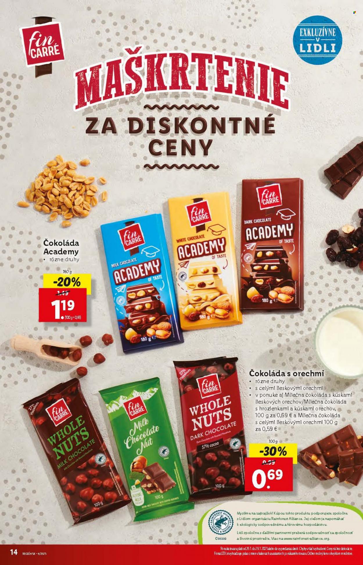 thumbnail - Leták Lidl - 26.1.2023 - 29.1.2023 - Produkty v akcii - čokoláda, Fin Carré, mliečna čokoláda. Strana 14.