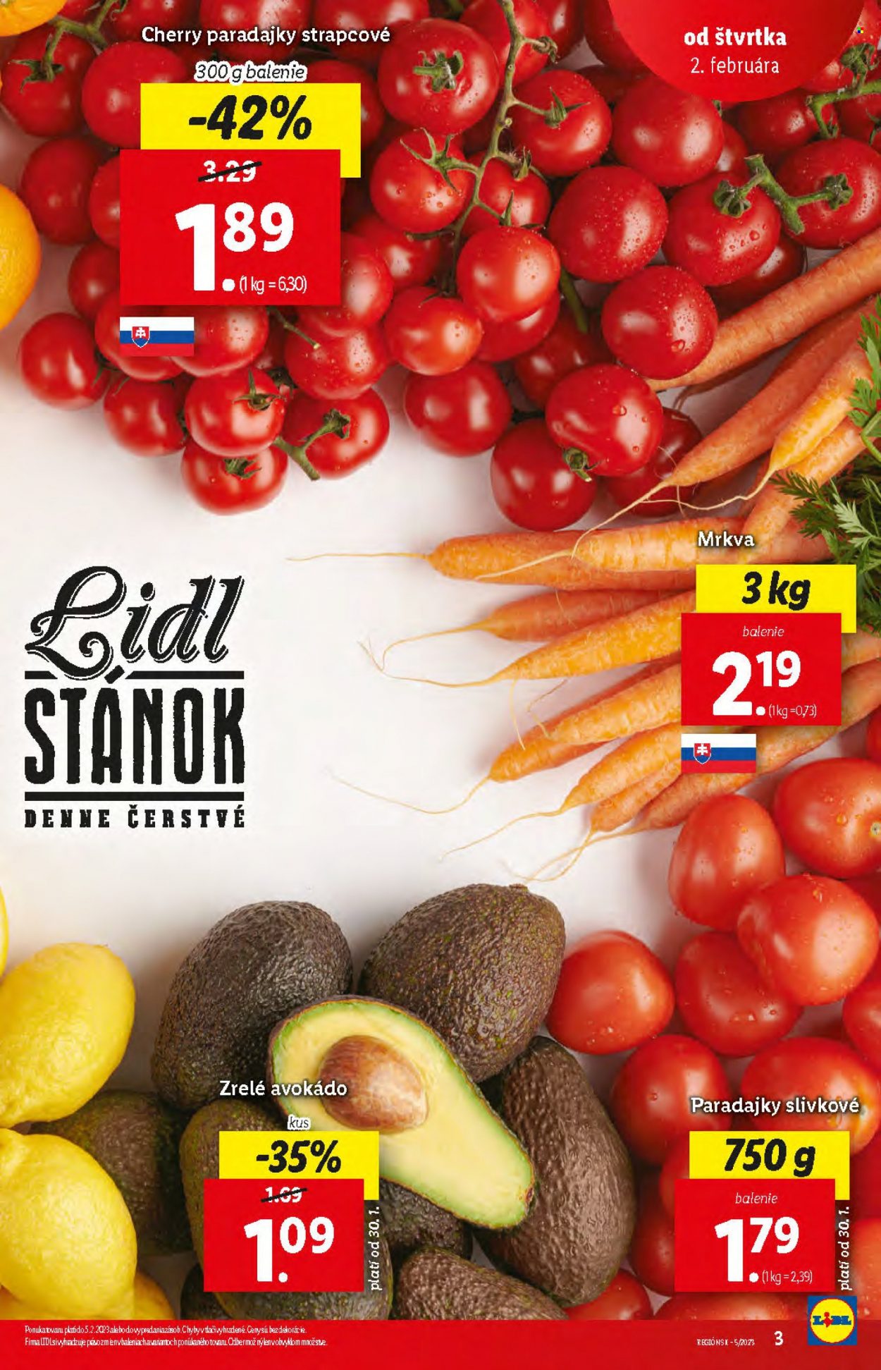 thumbnail - Leták Lidl - 2.2.2023 - 5.2.2023 - Produkty v akcii - avokádo, koktejlové paradajky, paradajky. Strana 3.