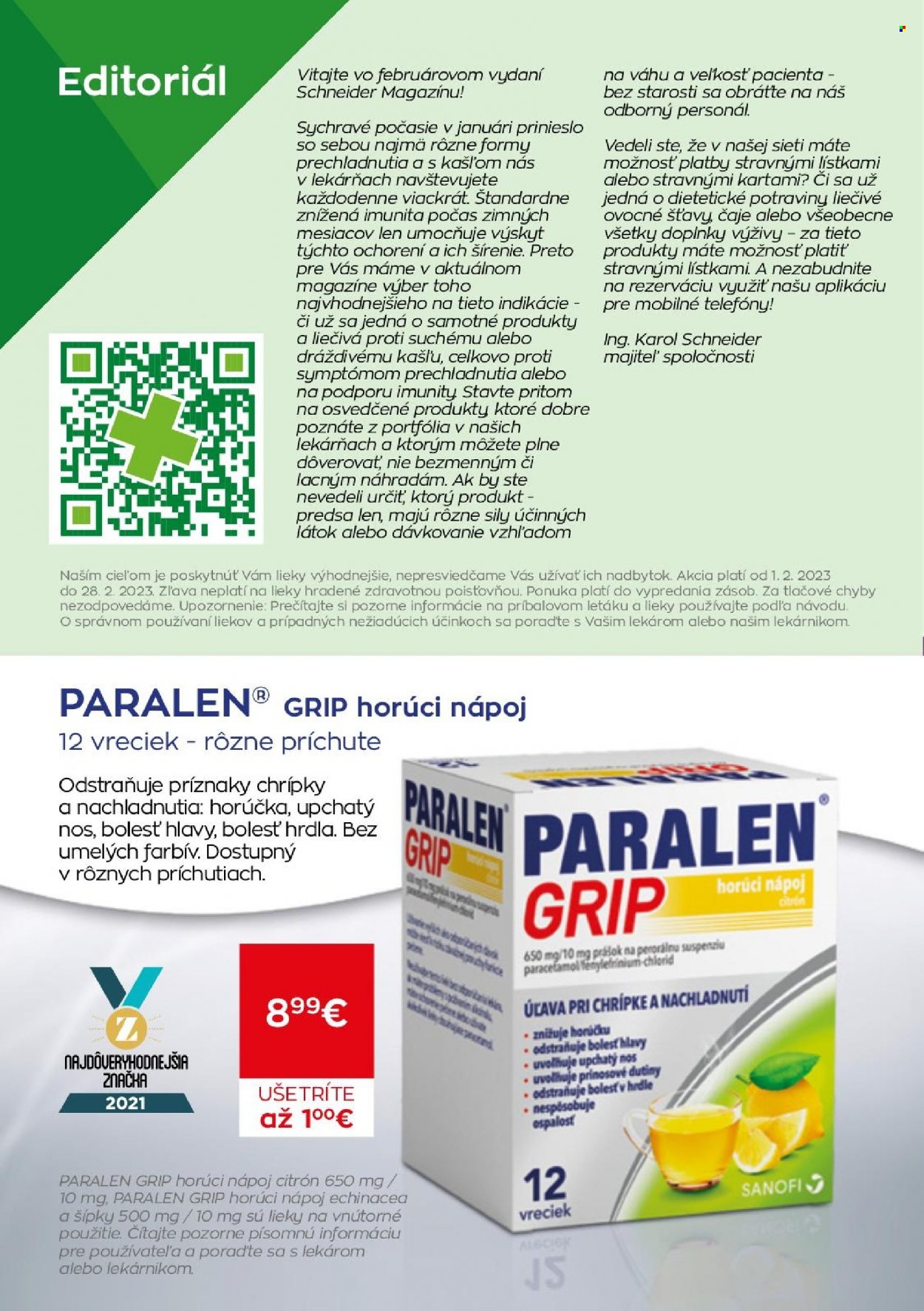 thumbnail - Leták Schneider Lekáreň - 1.2.2023 - 28.2.2023 - Produkty v akcii - paracetamol, Paralen, Paralen Grip, horúci nápoj, analgetikum. Strana 2.