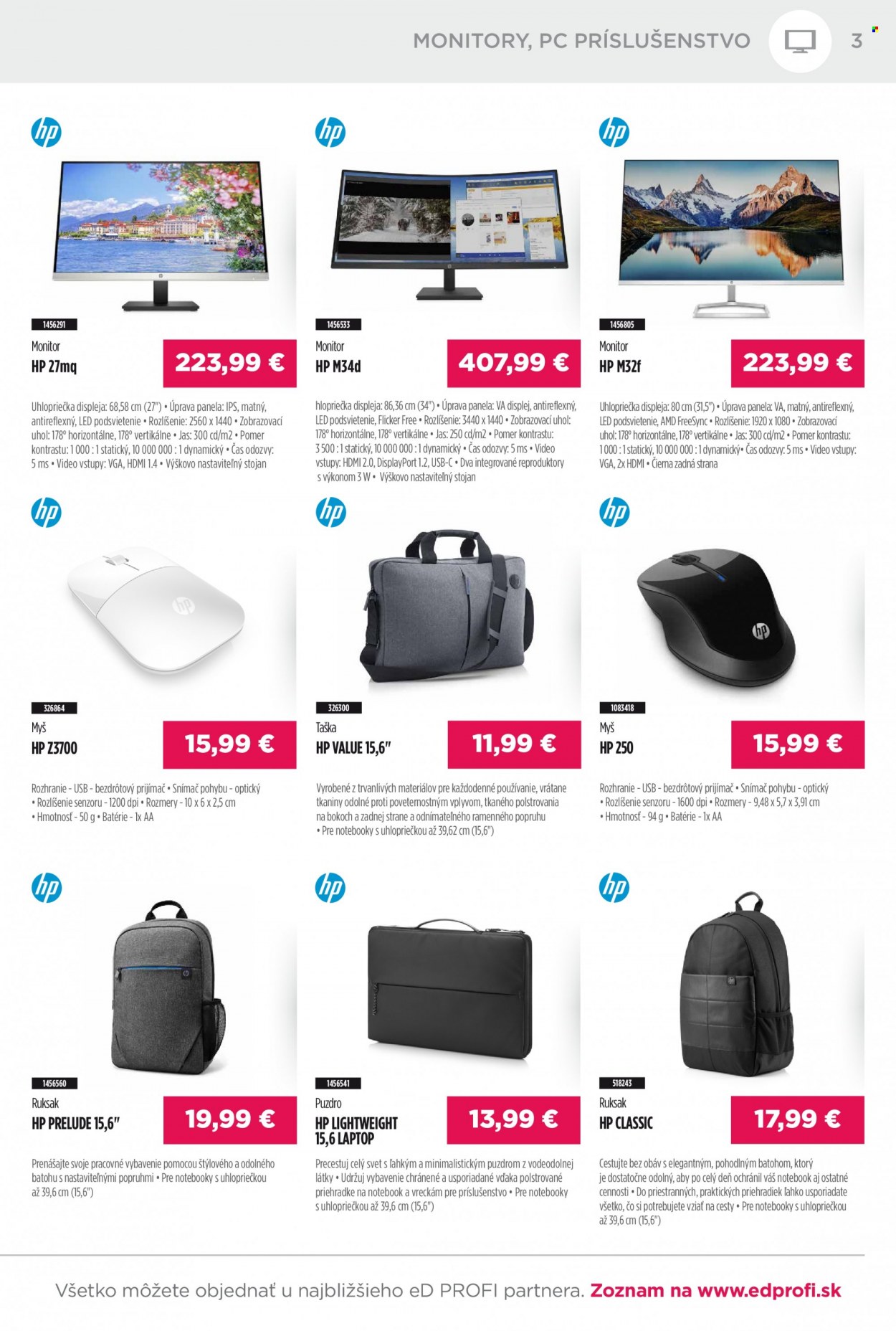thumbnail - Leták eD PROFI - 1.3.2023 - 31.3.2023 - Produkty v akcii - stojan, HP, myš, taška na PC, púzdro na notebook, batoh na pc, monitor. Strana 3.