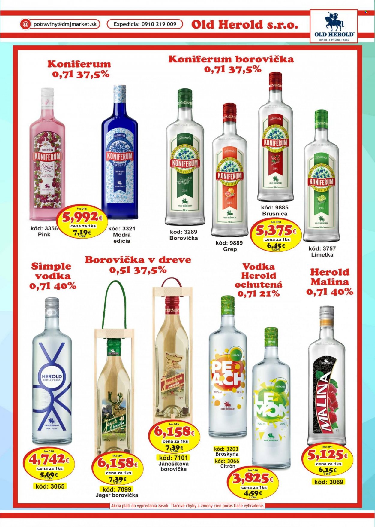 thumbnail - Leták DMJ market - Produkty v akcii - broskyne, grep, alkohol, borovička, vodka, Old Herold, Herold, Koniferum, Cien. Strana 31.