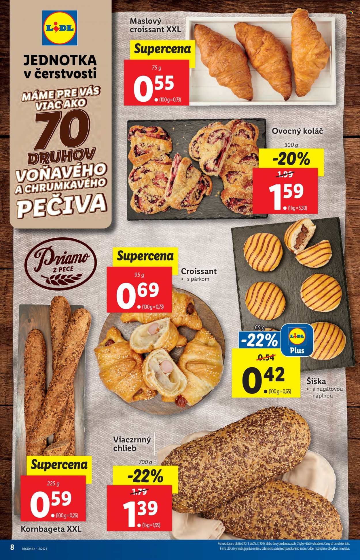 thumbnail - Leták Lidl - 20.3.2023 - 26.3.2023 - Produkty v akcii - croissant, pečivo, sladké pečivo, koláč, šiška, bageta, slané pečivo, chlieb, viaczrnný chlieb. Strana 8.