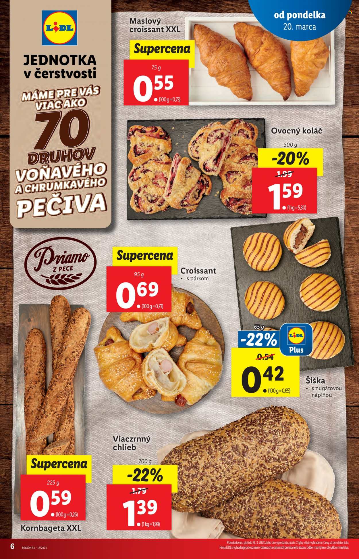 thumbnail - Leták Lidl - 23.3.2023 - 26.3.2023 - Produkty v akcii - croissant, pečivo, sladké pečivo, koláč, šiška, bageta, slané pečivo, chlieb, viaczrnný chlieb. Strana 6.