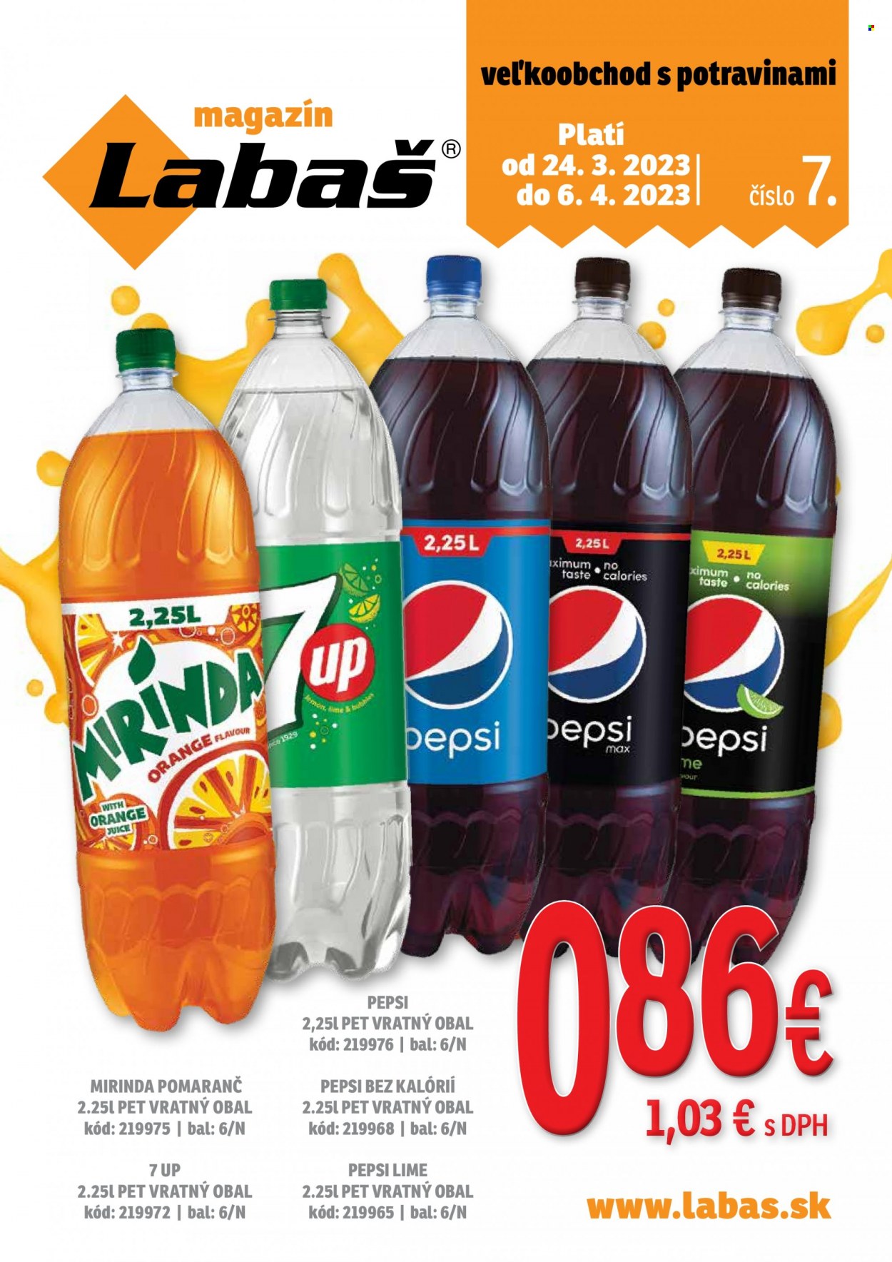 thumbnail - Leták Labaš - 24.3.2023 - 6.4.2023 - Produkty v akcii - Pepsi, limonáda, Mirinda, 7UP, kolový nápoj. Strana 1.