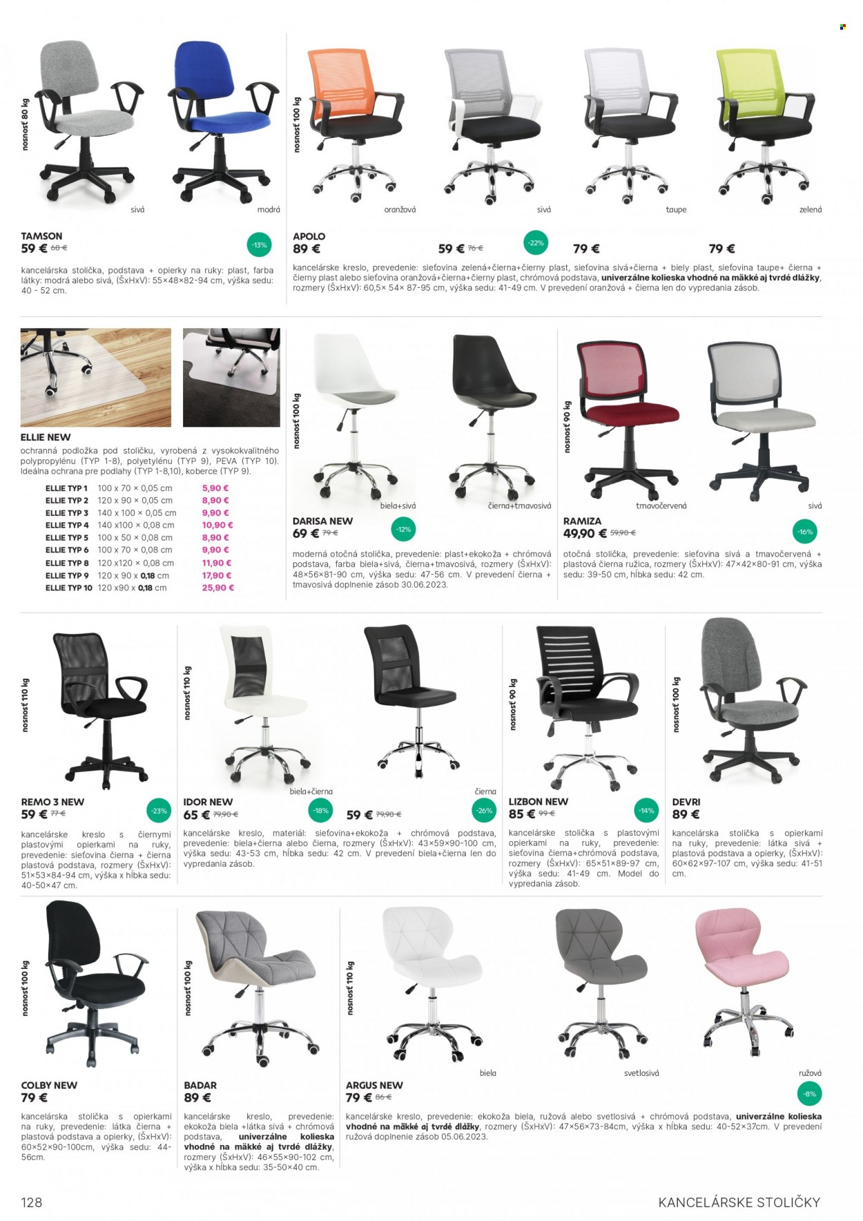 thumbnail - Leták Kondela - Produkty v akcii - podložka, otáčacia stolička, kreslo, kancelárska stolička, kancelárske kreslo, koberec. Strana 128.