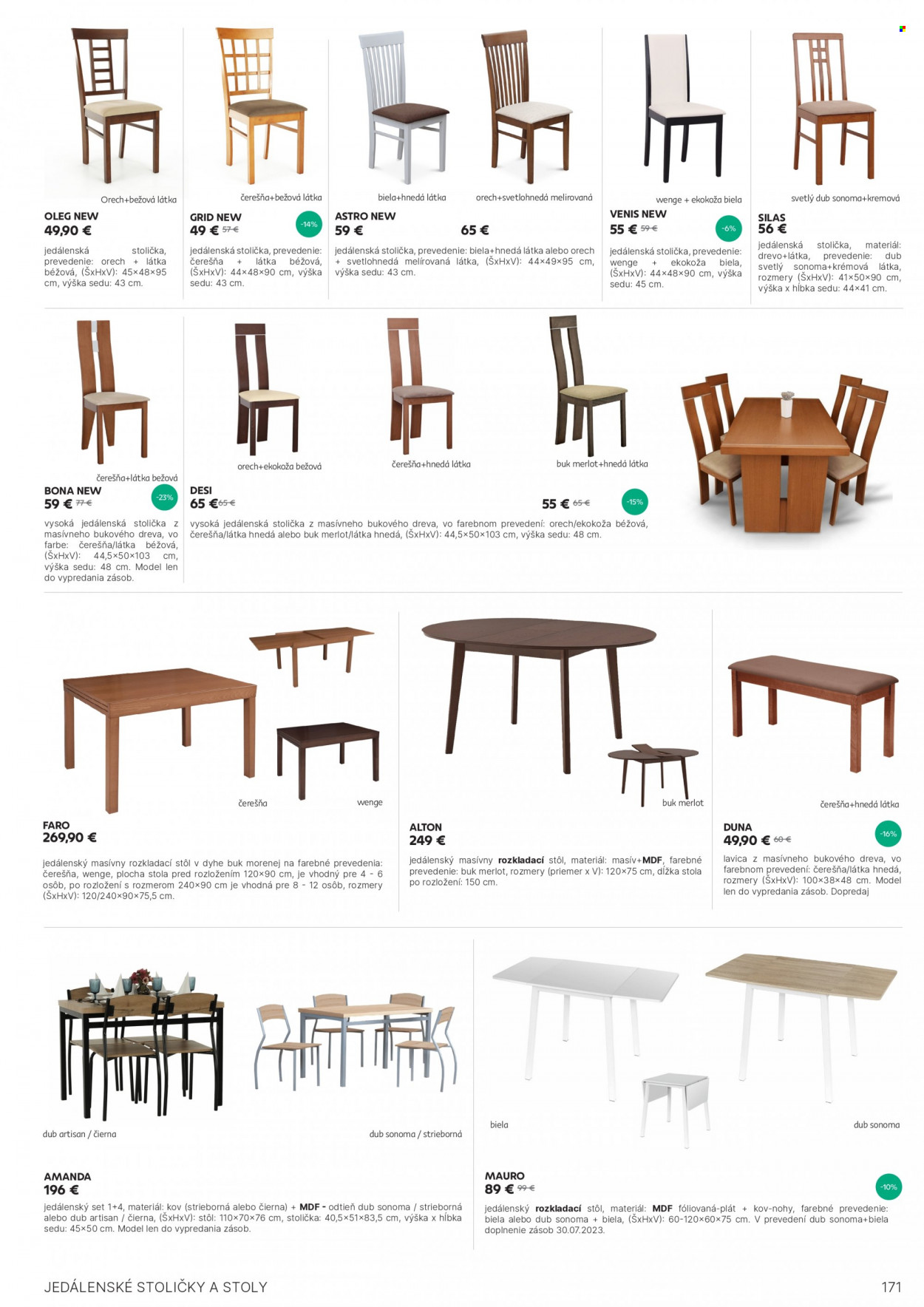 thumbnail - Leták Kondela - Produkty v akcii - jedálenská súprava, stôl, rozkladací stôl, jedálenská stolička, stolička, lavica. Strana 171.