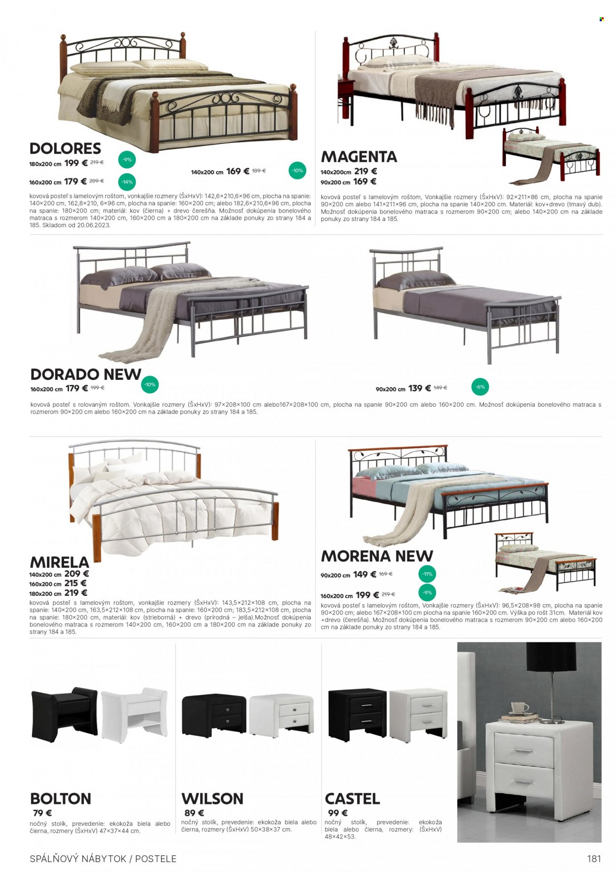 thumbnail - Leták Kondela - Produkty v akcii - posteľ, kovová posteľ, nočný stolík. Strana 181.