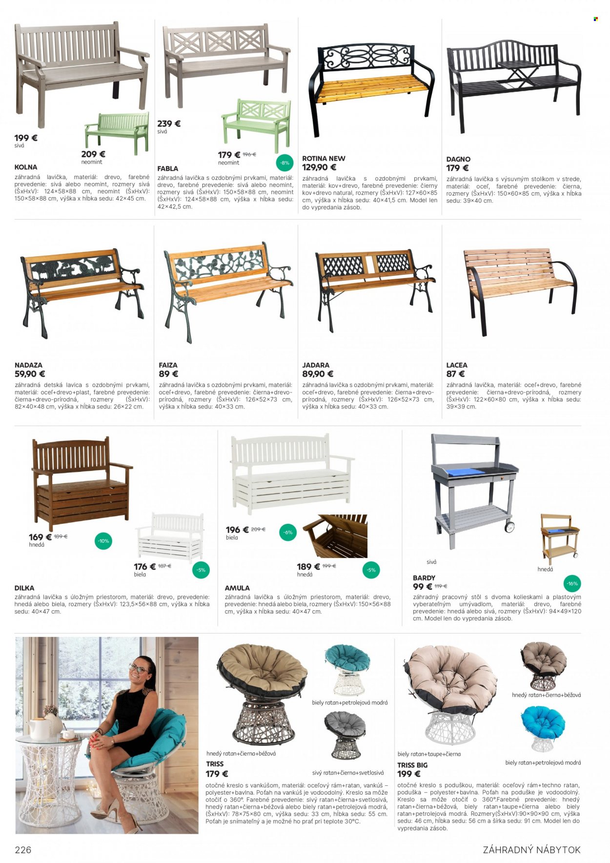 thumbnail - Leták Kondela - Produkty v akcii - obliečka na vankúš, stôl, kreslo, otočné kreslo, lavica, lavica s uloznym priestorom, zahradný nábytok. Strana 226.