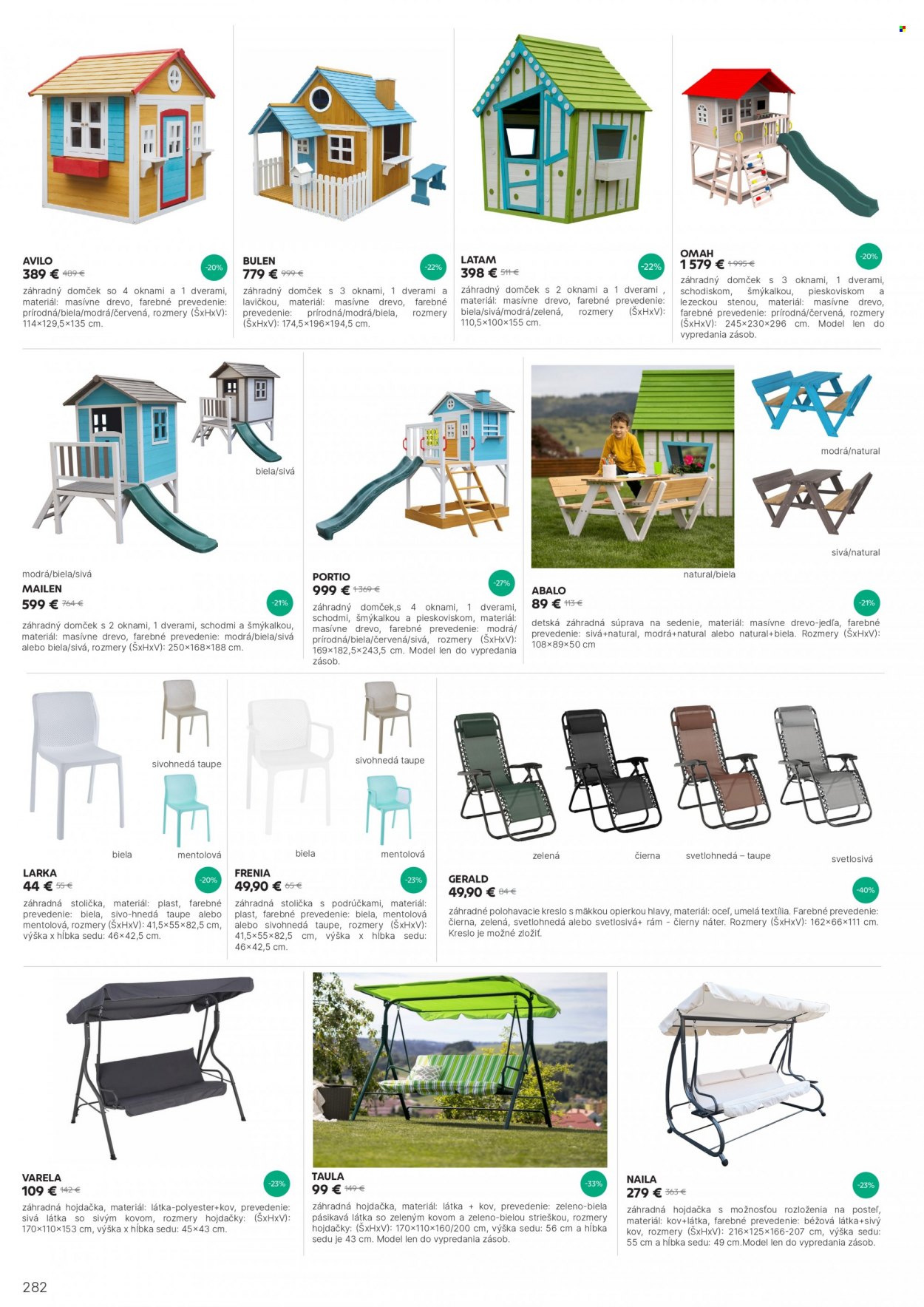 thumbnail - Leták Kondela - Produkty v akcii - stolička, sedacia súprava, kreslo, zahradný nábytok, hojdačka, záhradná stolička. Strana 282.