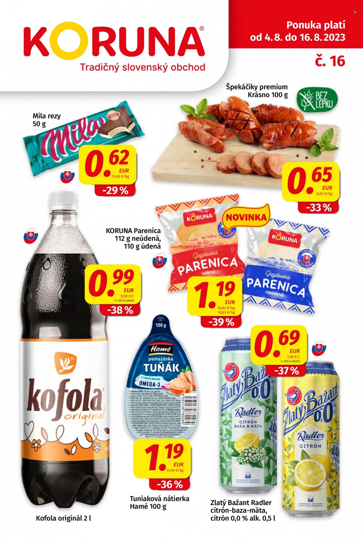 Leták Potraviny KORUNA - 4.8.2023 - 16.8.2023. Strana 1