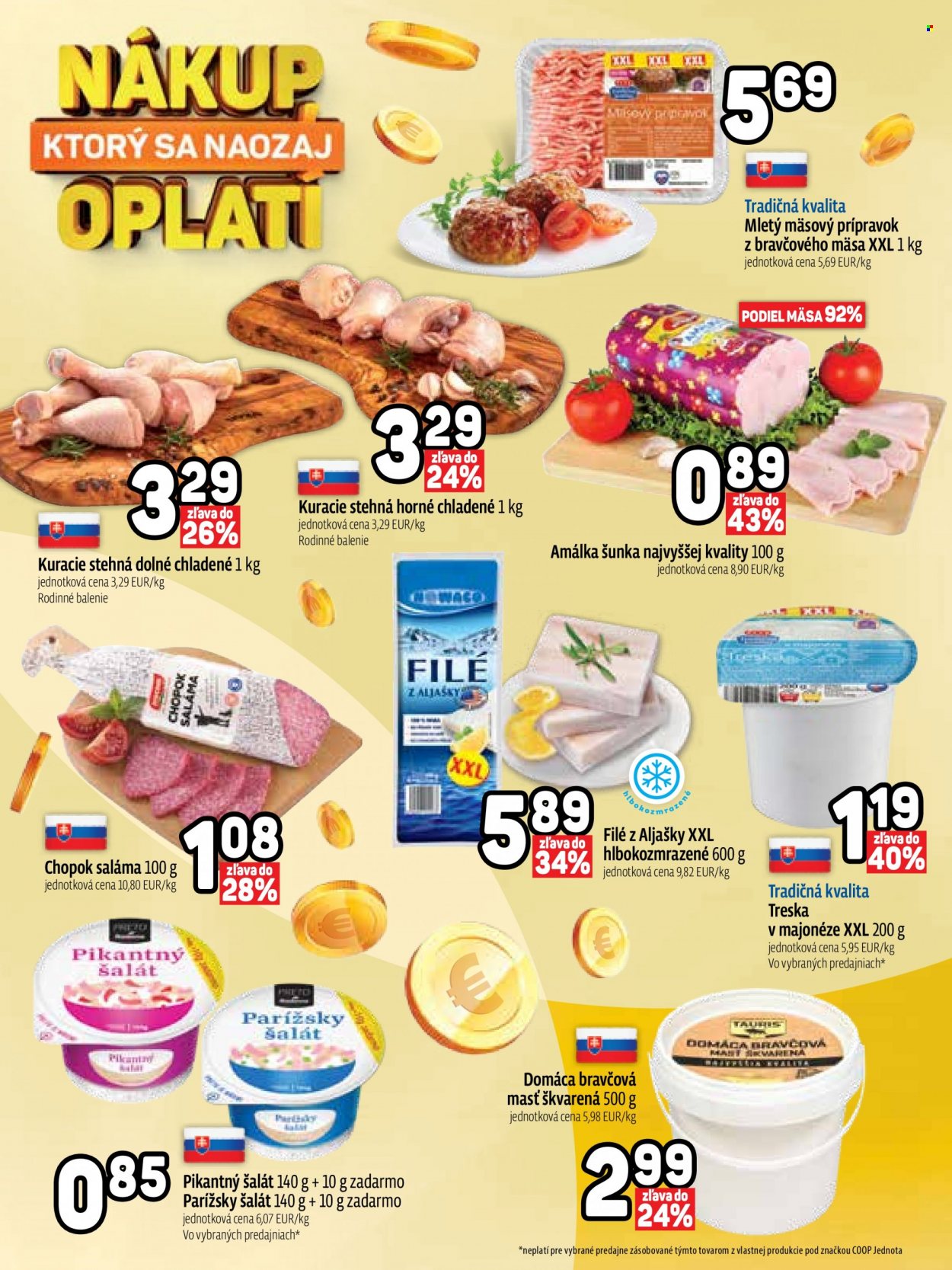 Leták COOP Jednota - 7.9.2023 - 27.9.2023 - Produkty v akcii - mleté bravčové mäso, mleté mäso, Tradičná kvalita, kuracie mäso, kuracie stehná, šunka, šunka najvyššej kvality, šunka pre deti, rybací šalát, treska v majonéze, rybie filé, saláma, bravčová masť, parížsky šalát, pikantný šalát, šalát. Strana 2.