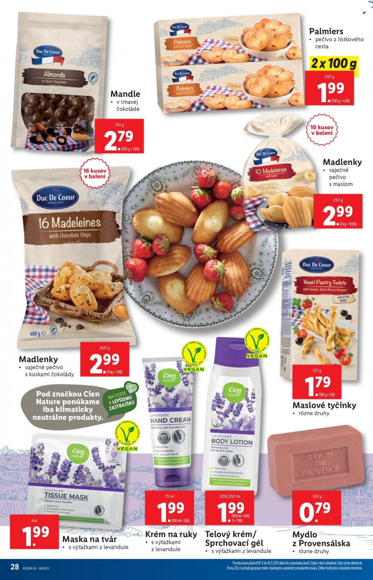 Leták Lidl - 18.9.2023 - 24.9.2023 - Produkty v akcii - pečivo, sladké pečivo, mandle, mandle v čokoláde, madlenky, maslové tyčinky, slaný snack, krém, krém na ruky, sprchovací gél, telový krém, mydlo, tuhé mydlo, pleťová maska. Strana 34.
