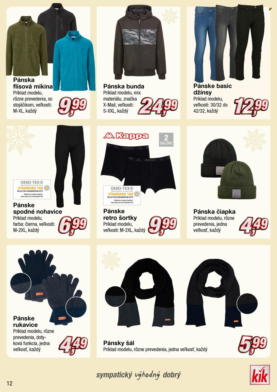 Leták kik - Produkty v akcii - bunda, Kappa, džínsy, nohavice, šortky, mikina, čiapka, rukavice, šála. Strana 12.