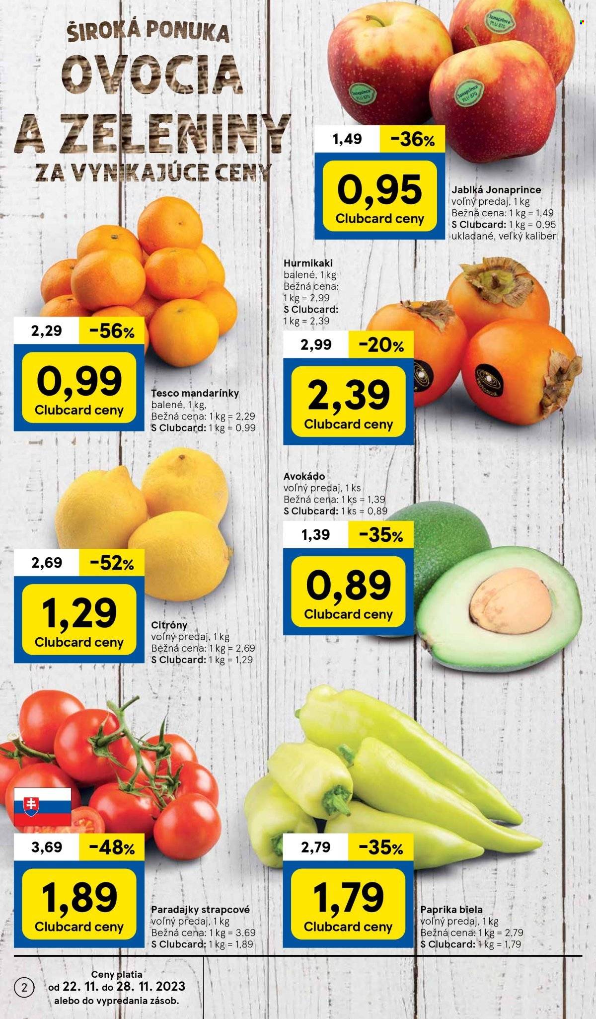 thumbnail - Leták TESCO - 22.11.2023 - 28.11.2023 - Produkty v akcii - paprika, paradajky, koktejlové paradajky, paprika zeleninová biela, citróny, jablká, mandarínky, avokádo, kaki, aróma na pečenie. Strana 2.