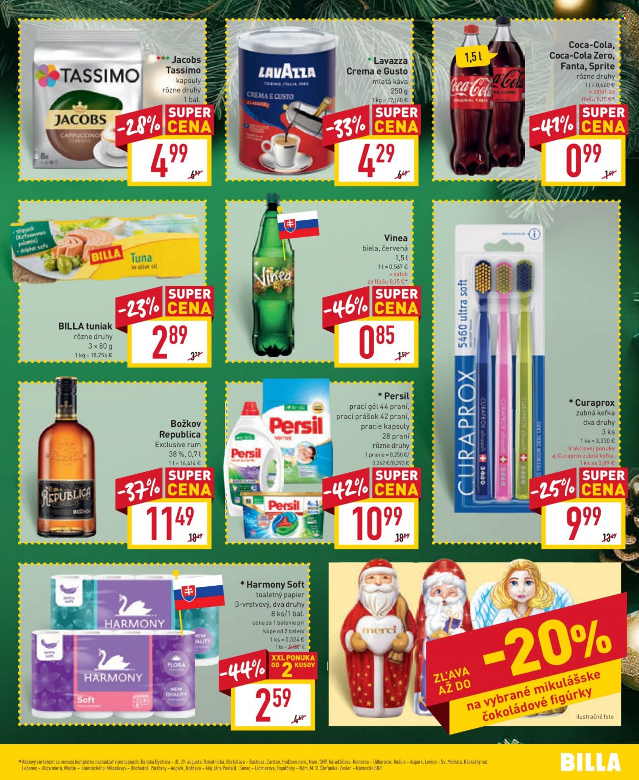 thumbnail - Leták Billa - 22.11.2023 - 28.11.2023 - Produkty v akcii - tuniak, tuniak v konzerve, Coca-Cola, Fanta, limonáda, Sprite, Vinea, nápoj, minerálna voda, Jana, kolový nápoj, nealkoholický nápoj, Tassimo, Jacobs, káva, Lavazza, mletá káva, alkohol, rum, Božkov, Republica, toaletný papier, Harmony, Persil, tekutý prací prostriedok, prací prostriedok, pracie kapsuly, Curaprox, zubná kefka. Strana 5.