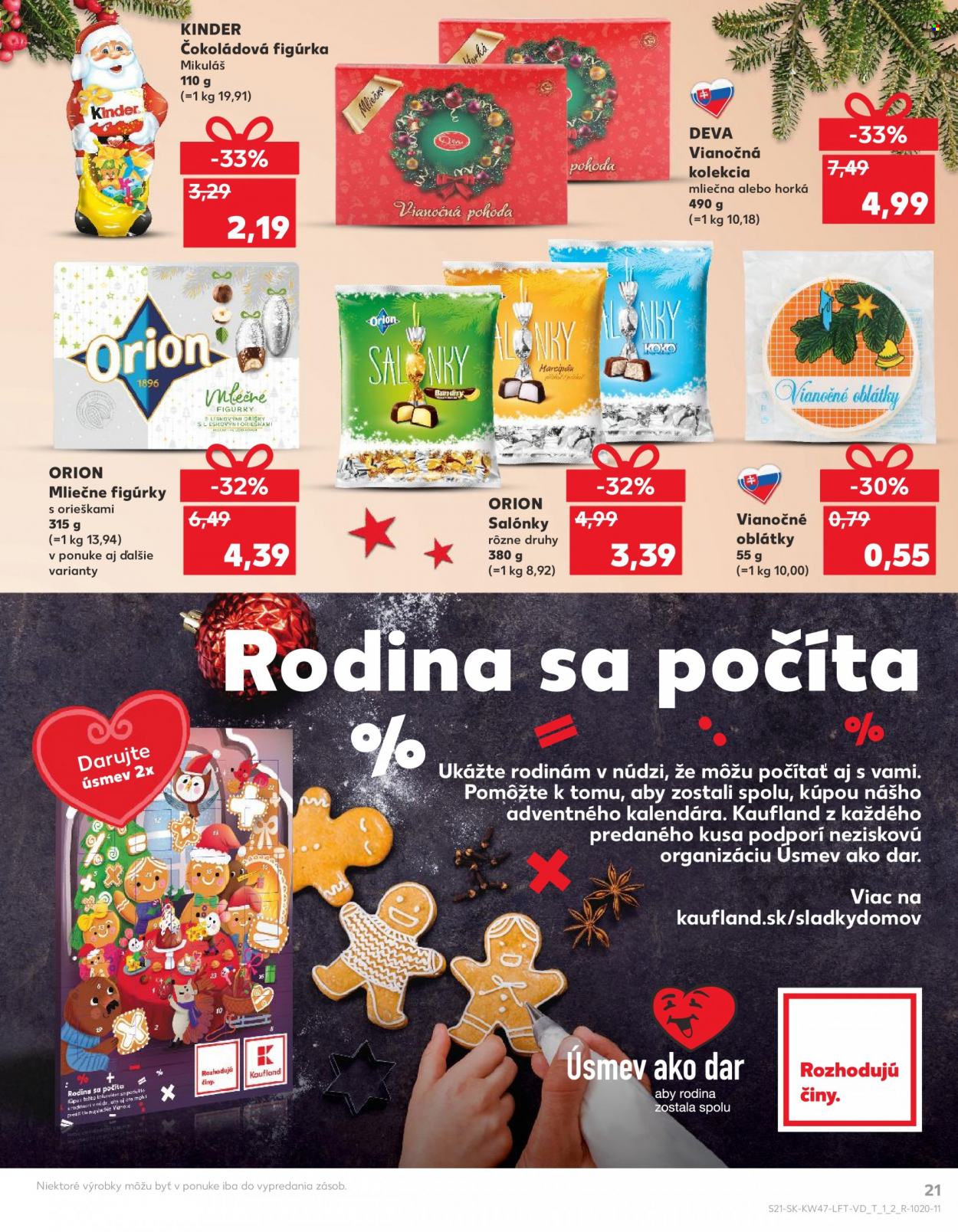 thumbnail - Leták Kaufland - 23.11.2023 - 29.11.2023 - Produkty v akcii - Deva, vianočná kolekcia, čokoládová figúrka, Kinder, Orion, čokoládové cukríky, Salónky, oblátka, vianočne oblátky. Strana 21.