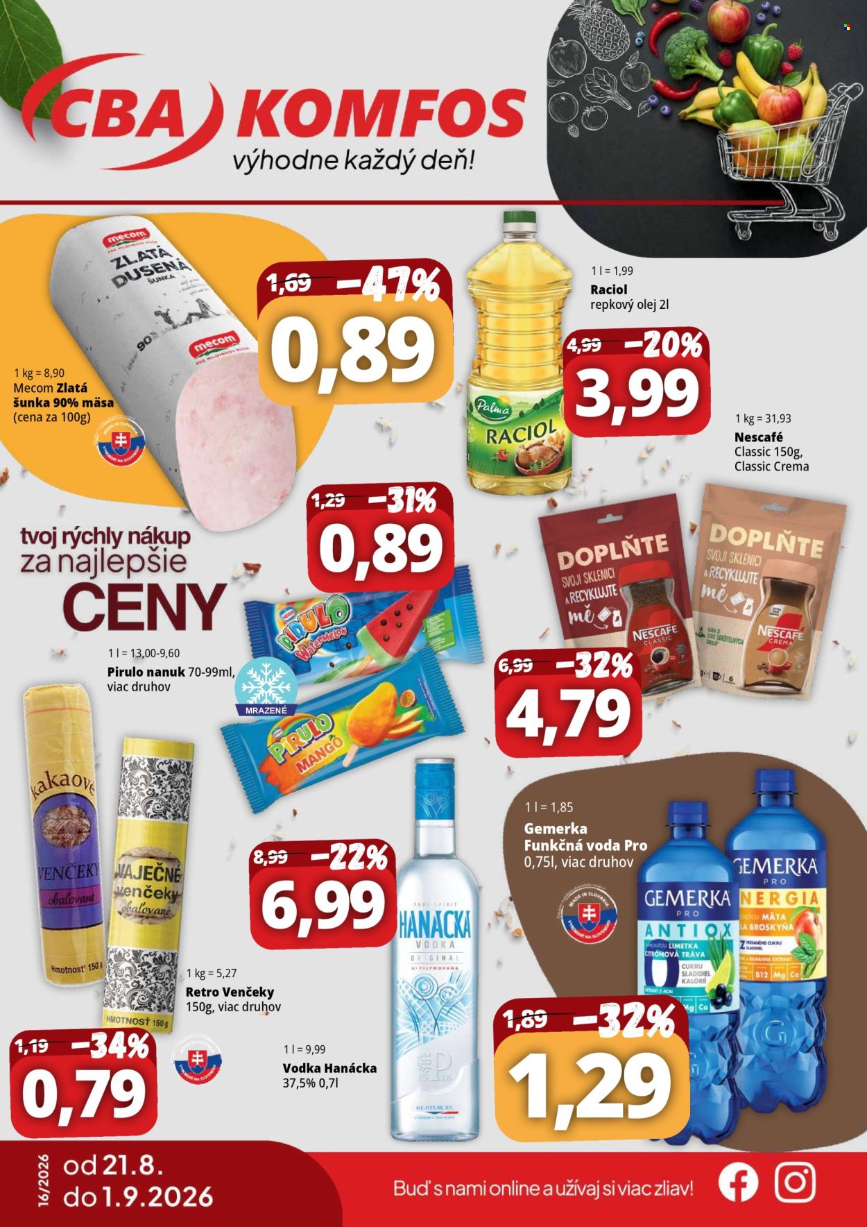 Leták CBA Komfos - 21.8.2026 - 1.9.2026. Strana 1