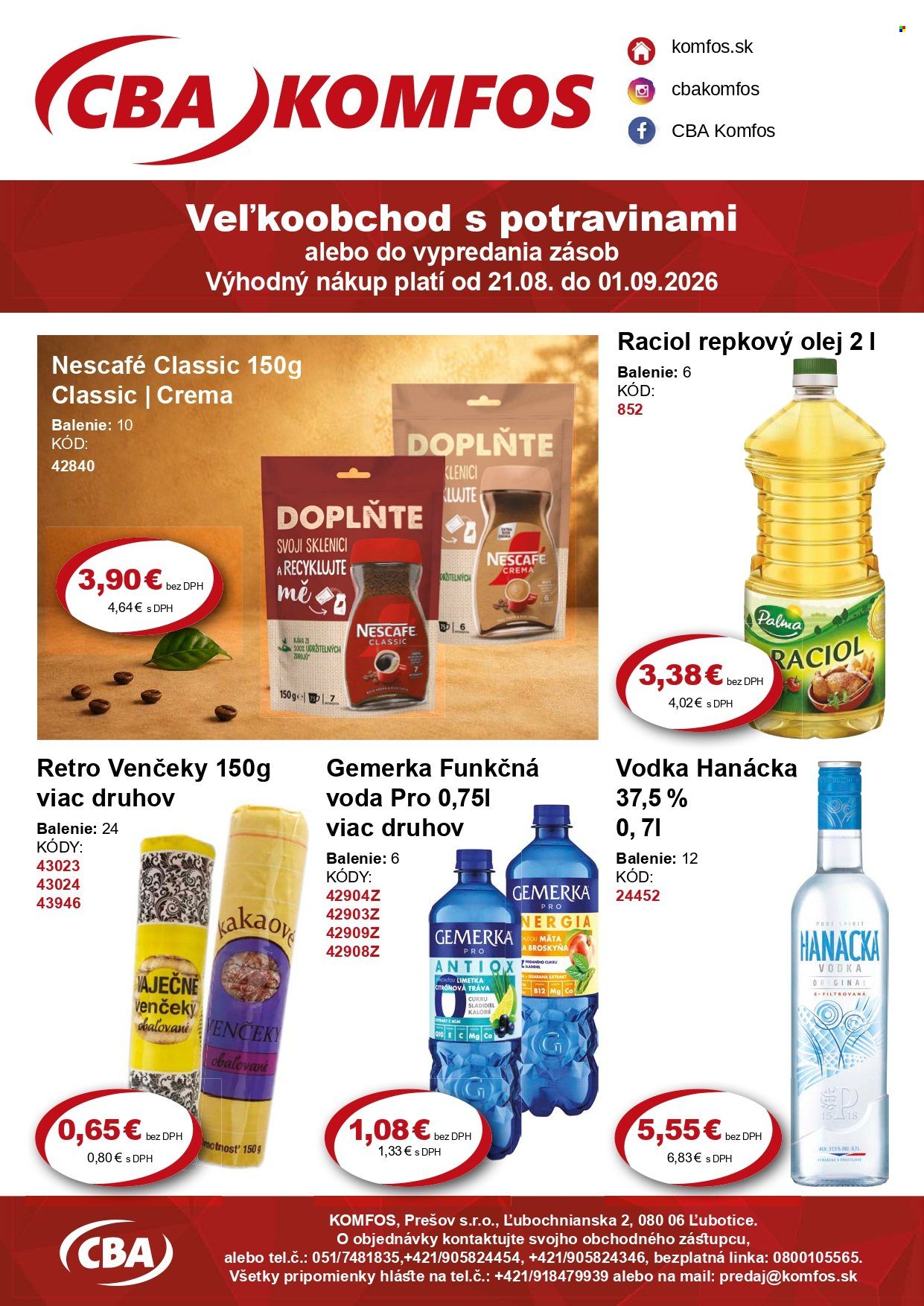 Leták CBA Komfos - 21.8.2026 - 1.9.2026. Strana 1