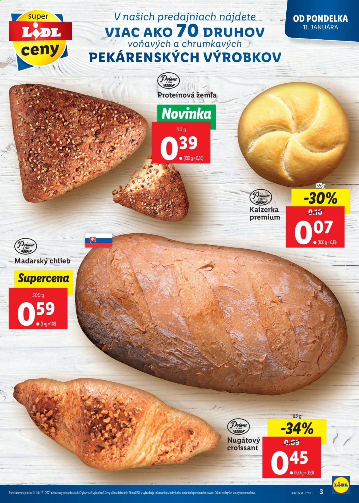 thumbnail - Leták Lidl - 11.1.2021 - 17.1.2021 - Produkty v akcii - chlieb, žemľa, kaiserka, pečivo, slané pečivo, croissant. Strana 3.