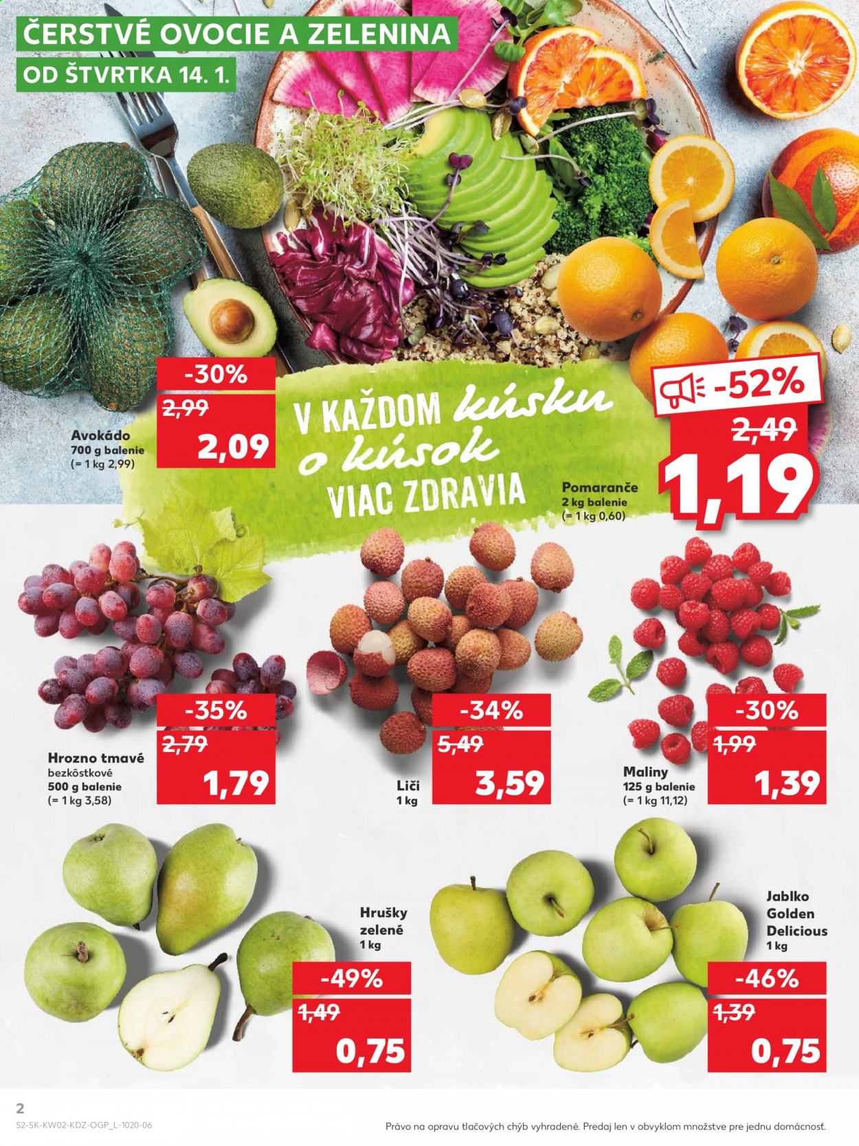 thumbnail - Leták Kaufland - 14.1.2021 - 20.1.2021 - Produkty v akcii - hrozno, hrušky, jablká, pomaranče, Golden Delicious, maliny, avokádo, liči. Strana 2.