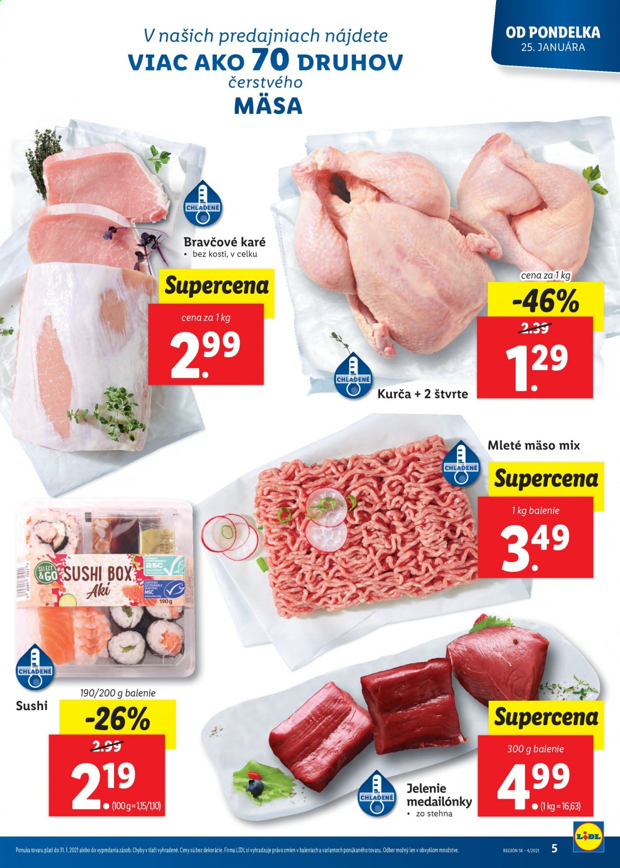 thumbnail - Leták Lidl - 25.1.2021 - 31.1.2021 - Produkty v akcii - kuracie mäso, kurča, mleté mäso, bravčové karé, jelenie mäso, sushi. Strana 5.