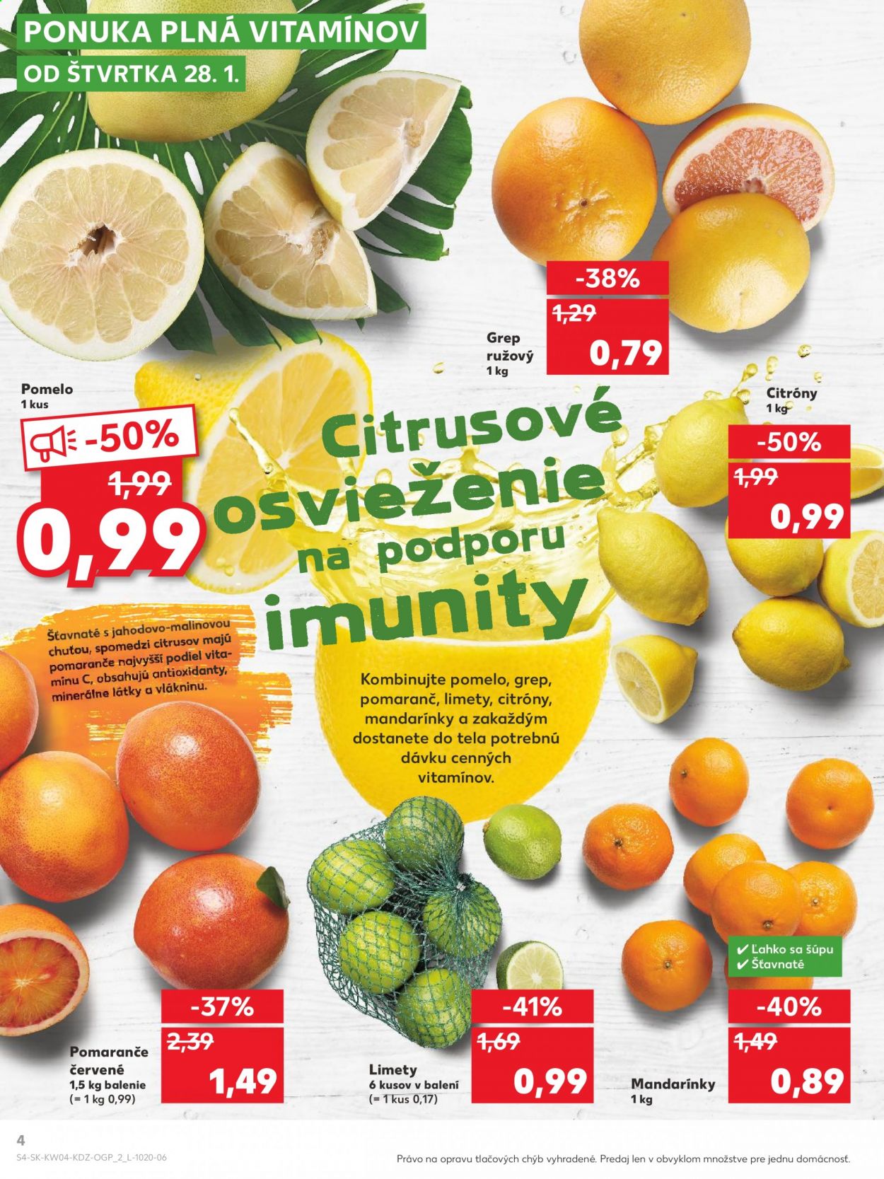 thumbnail - Leták Kaufland - 28.1.2021 - 3.2.2021 - Produkty v akcii - citróny, limeta, mandarínky, pomaranče, pomelo, grep. Strana 4.