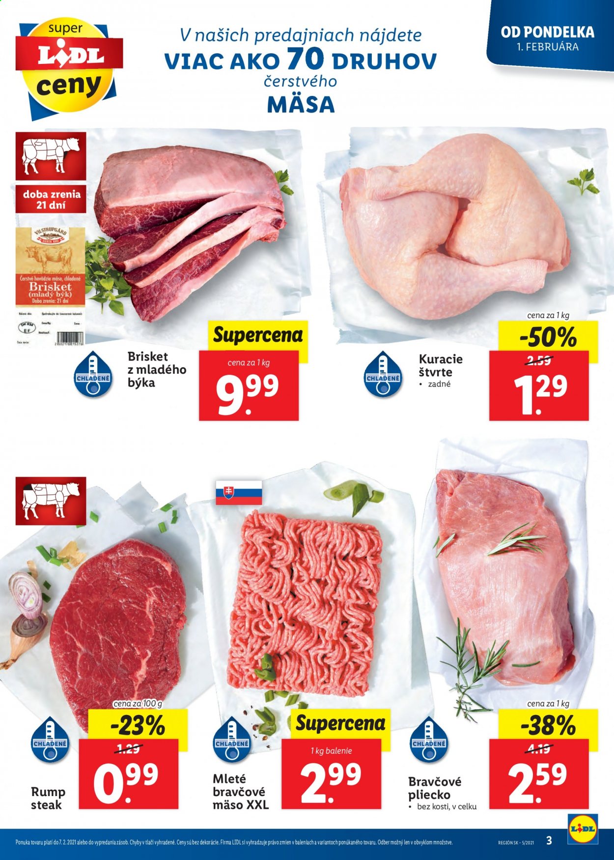 thumbnail - Leták Lidl - 1.2.2021 - 7.2.2021 - Produkty v akcii - kuracie mäso, kuracie štvrte, mleté mäso, rump steak, mleté bravčové mäso, bravčové pliecko. Strana 3.