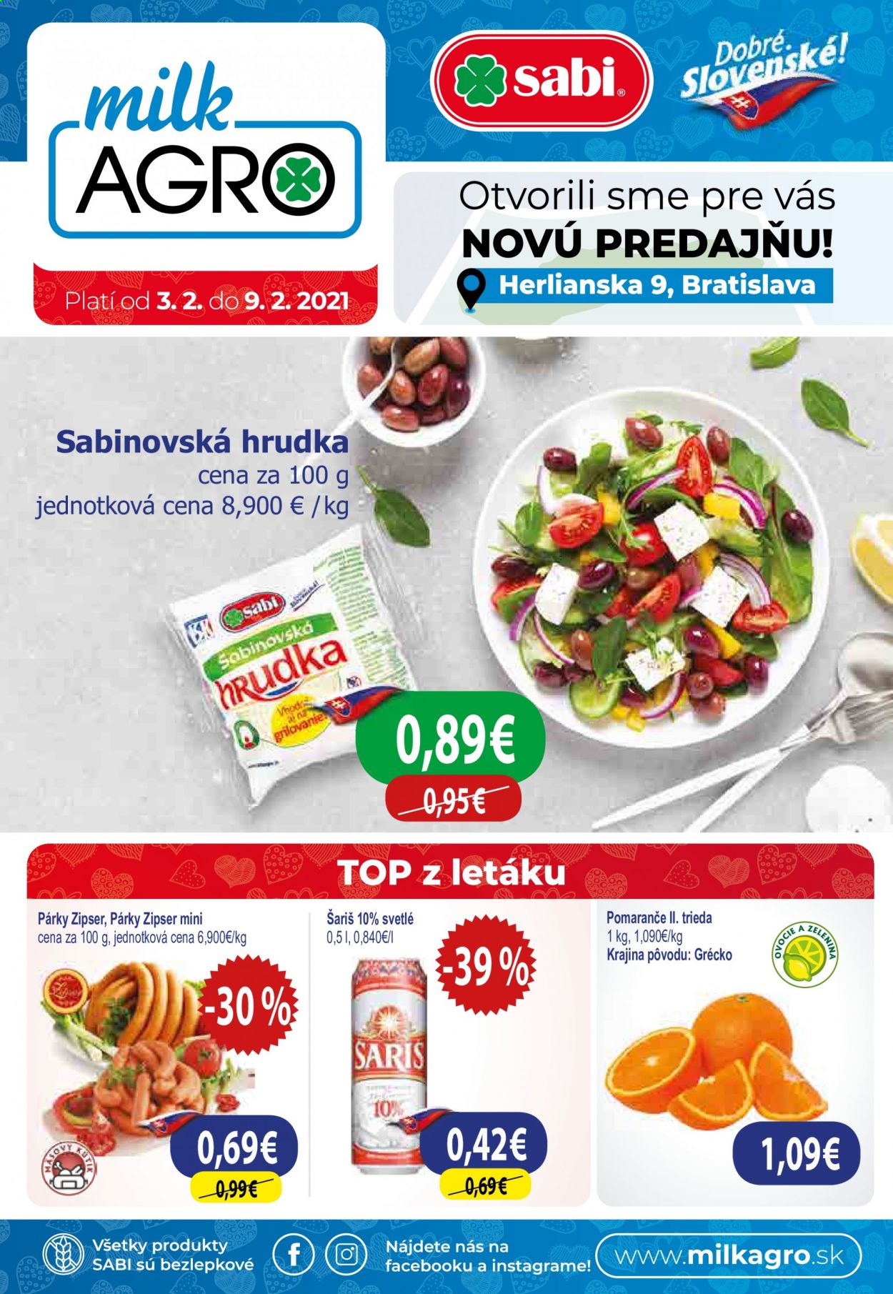 thumbnail - Leták Milk AGRO - 3.2.2021 - 9.2.2021 - Produkty v akcii - pomaranče, Zipser, párky, tvaroh, Sabinovská Hrudka, alkohol, Šariš, svetlé pivo, pivo. Strana 1.