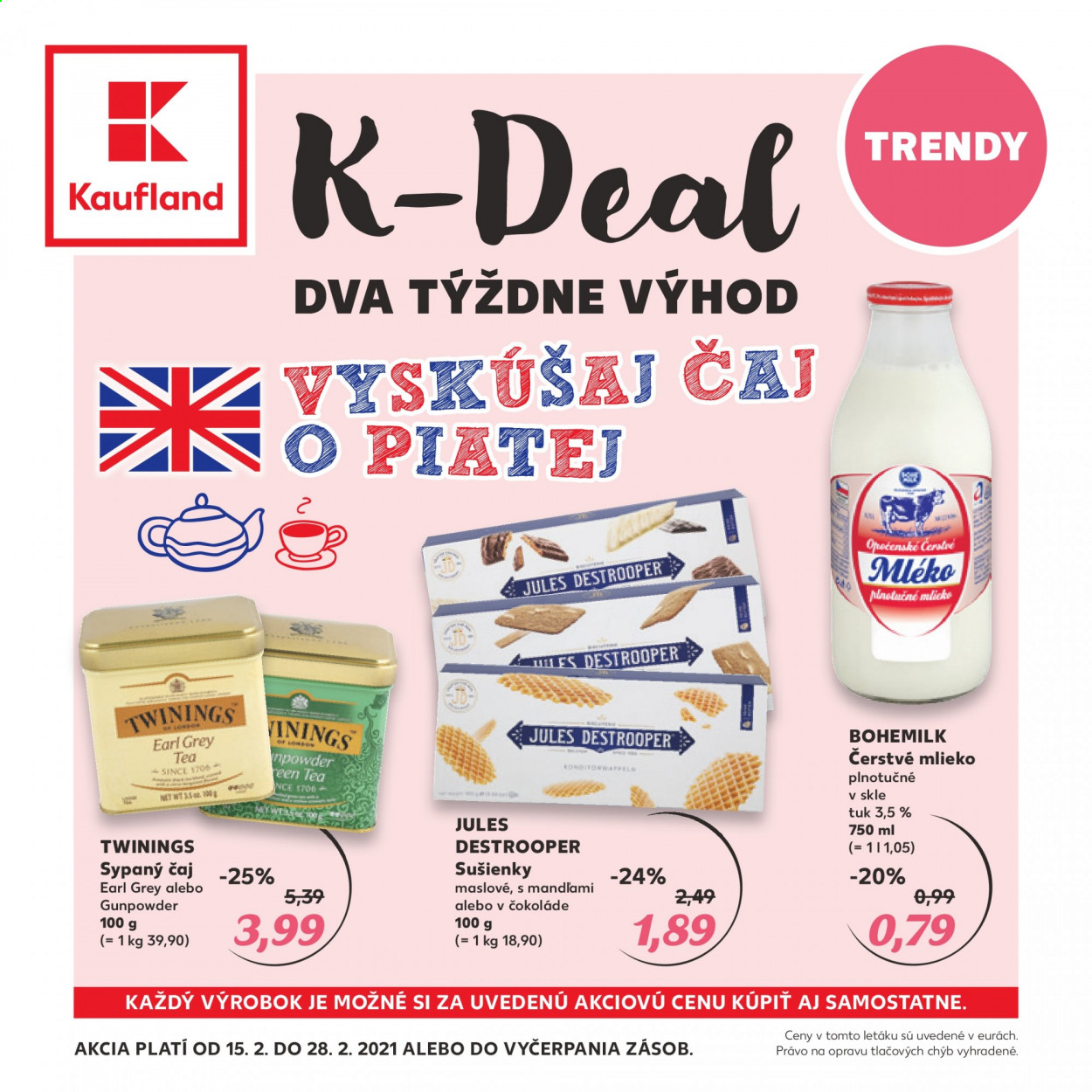 thumbnail - Leták Kaufland - 15.2.2021 - 28.2.2021 - Produkty v akcii - mlieko, čerstvé mlieko, sušienky, maslové sušienky, čaj, Twinings. Strana 7.