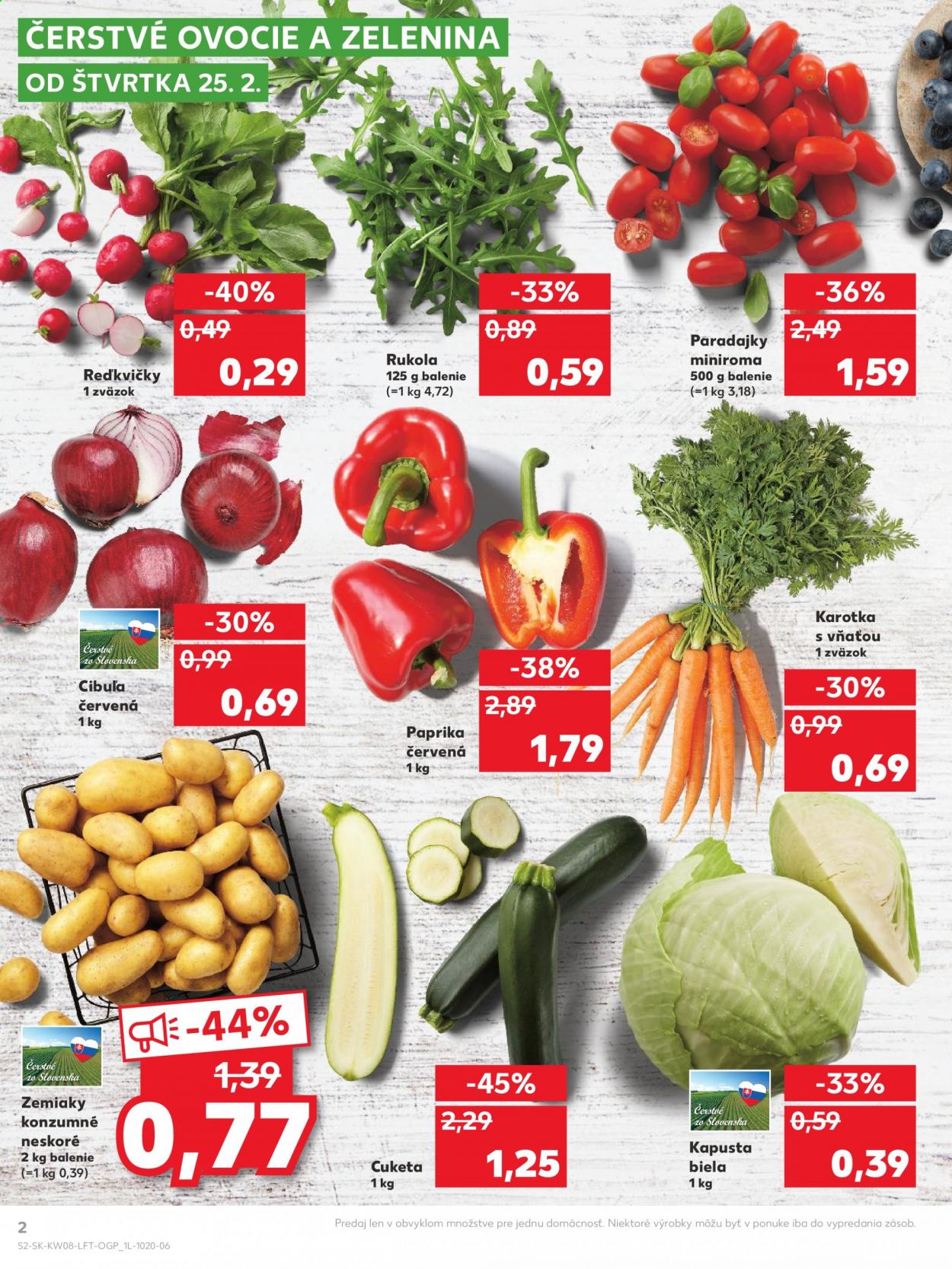 thumbnail - Leták Kaufland - 25.2.2021 - 3.3.2021 - Produkty v akcii - paprika, paradajky, zemiaky, mrkva, rukola, cibuľa, reďkovka, cuketa, paprika zeleninová červená. Strana 2.