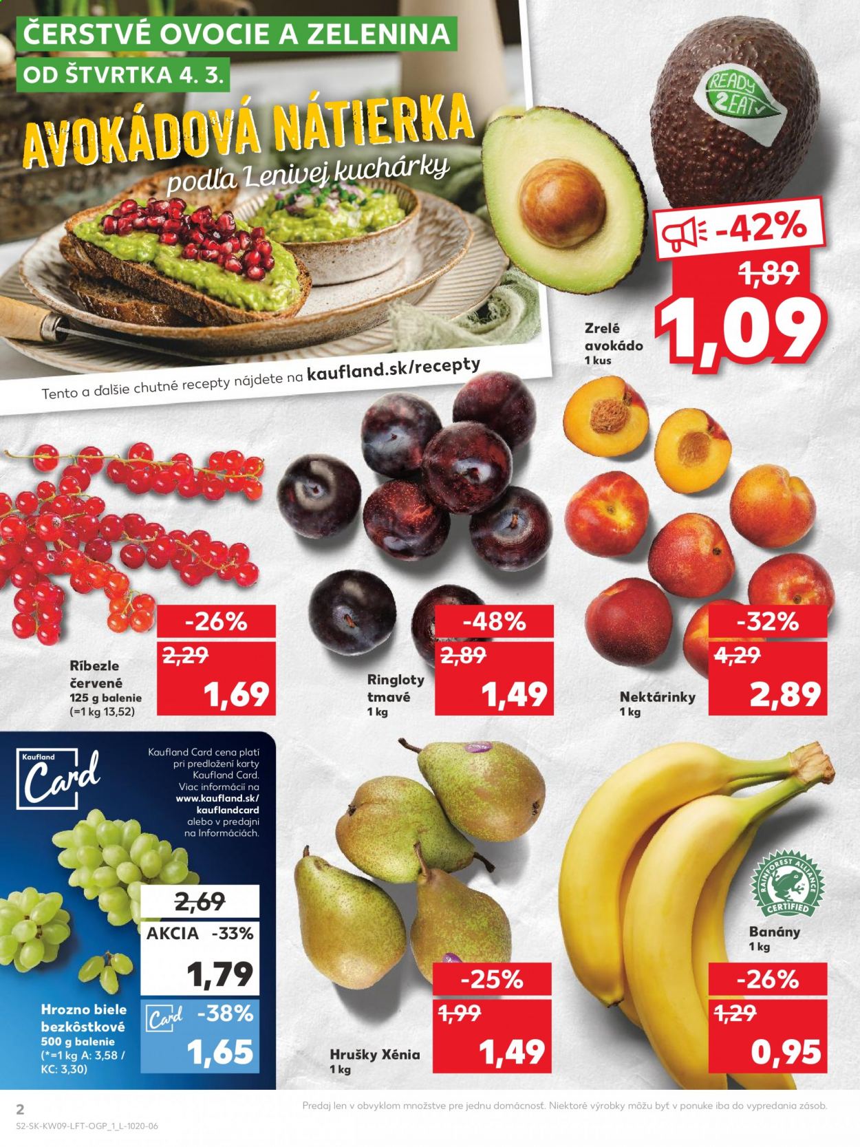 thumbnail - Leták Kaufland - 4.3.2021 - 10.3.2021 - Produkty v akcii - banány, hrozno, hrušky, avokádo, ríbezla, ringloty, nektárinky, nátierka. Strana 2.