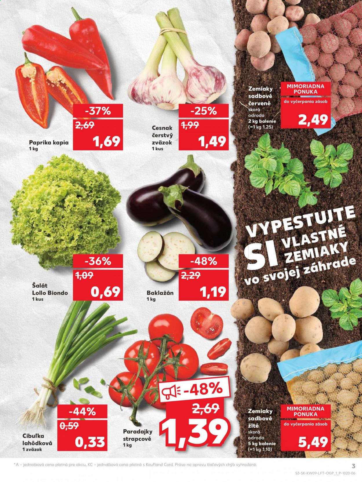 thumbnail - Leták Kaufland - 4.3.2021 - 10.3.2021 - Produkty v akcii - paprika, paradajky, šalát, zemiaky, cesnak, paprika zeleninová červená, lahôdková cibuľa, baklažán. Strana 3.