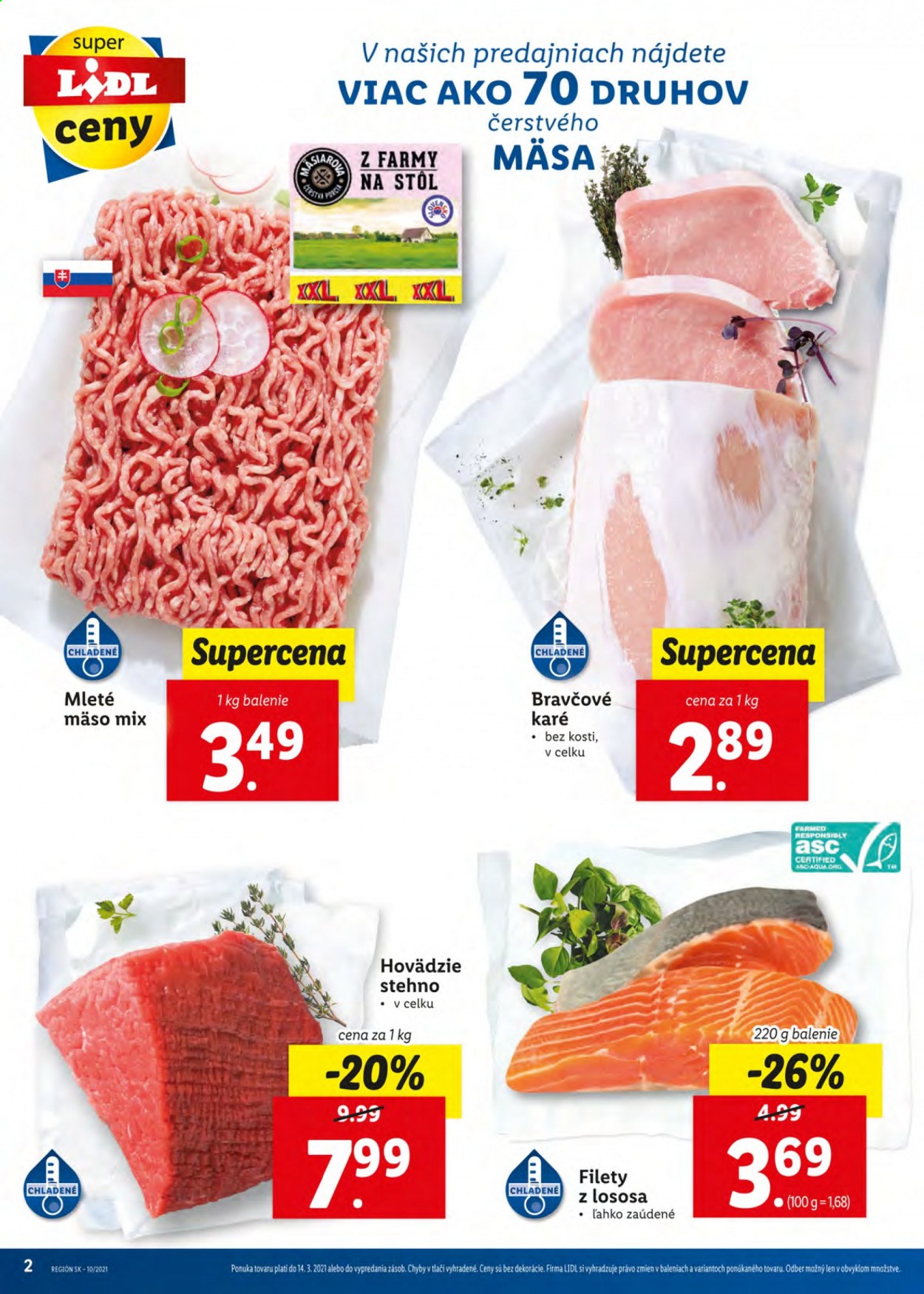 thumbnail - Leták Lidl - 8.3.2021 - 14.3.2021 - Produkty v akcii - mleté mäso, hovädzie mäso, hovädzie stehno, bravčové karé, losos, rybie filety. Strana 2.