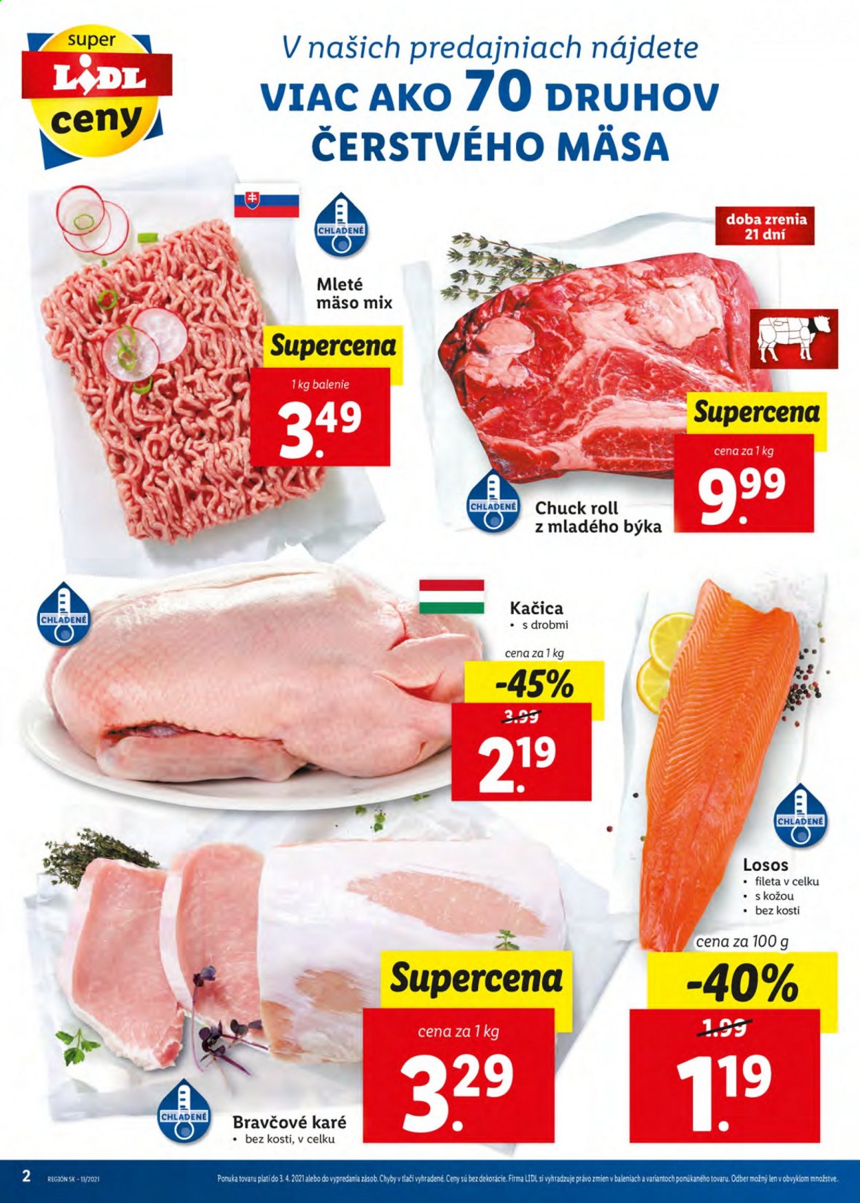 thumbnail - Leták Lidl - 29.3.2021 - 3.4.2021 - Produkty v akcii - kačica, kačacie mäso, mleté mäso, bravčové karé, losos. Strana 2.