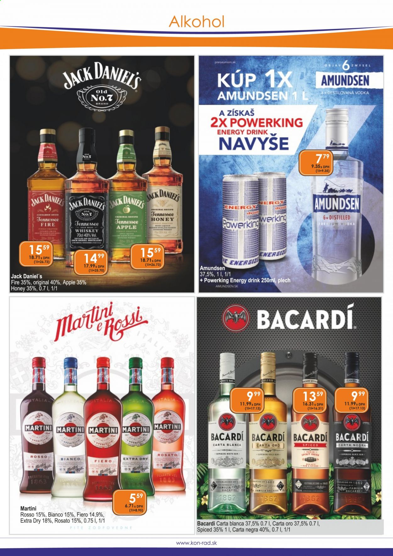thumbnail - Leták KON-RAD - 1.4.2021 - 30.4.2021 - Produkty v akcii - energetický nápoj, alkohol, rum, Jack Daniel's, vodka, whisky, Martini, Amundsen, Bacardi, Familia. Strana 14.