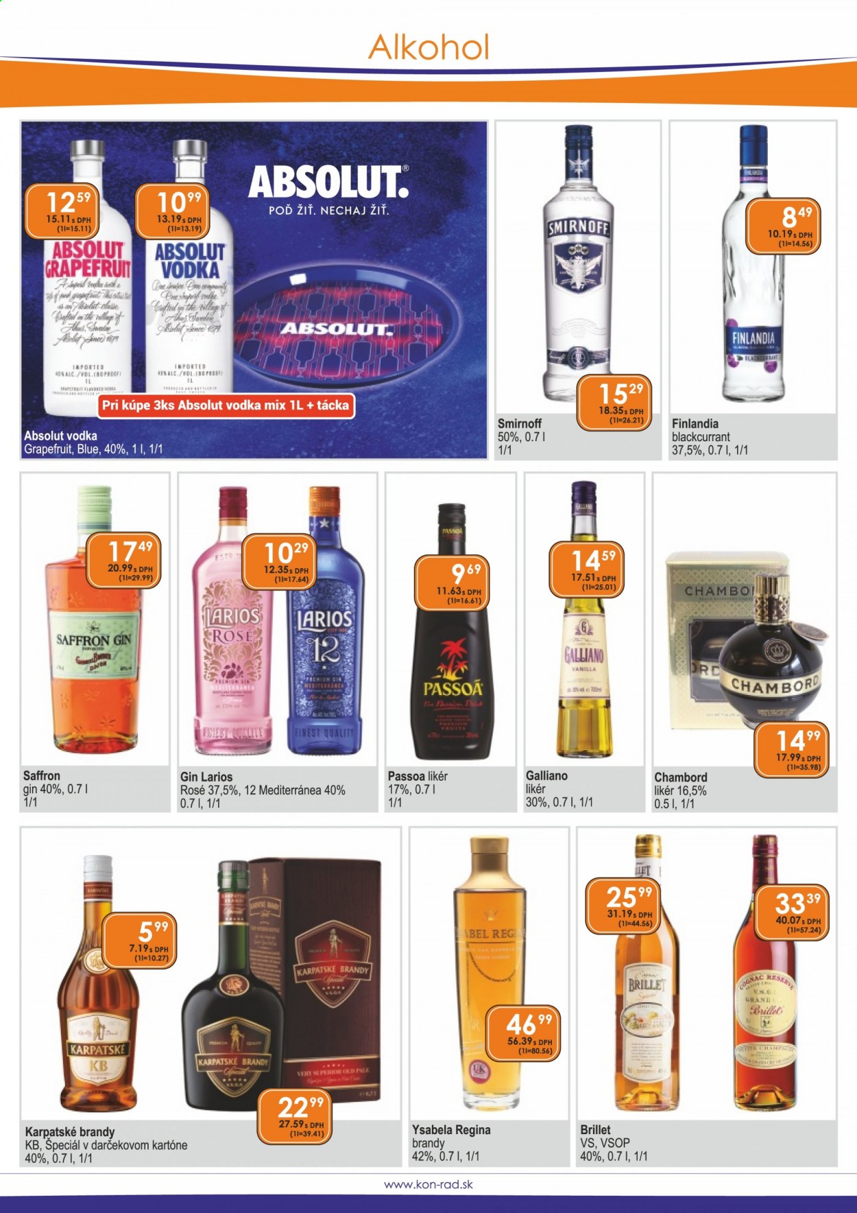 thumbnail - Leták KON-RAD - 1.4.2021 - 30.4.2021 - Produkty v akcii - alkohol, brandy, vodka, Karpatské KB, gin, Finlandia, Absolut, likér, koňak, Karpatské brandy. Strana 17.