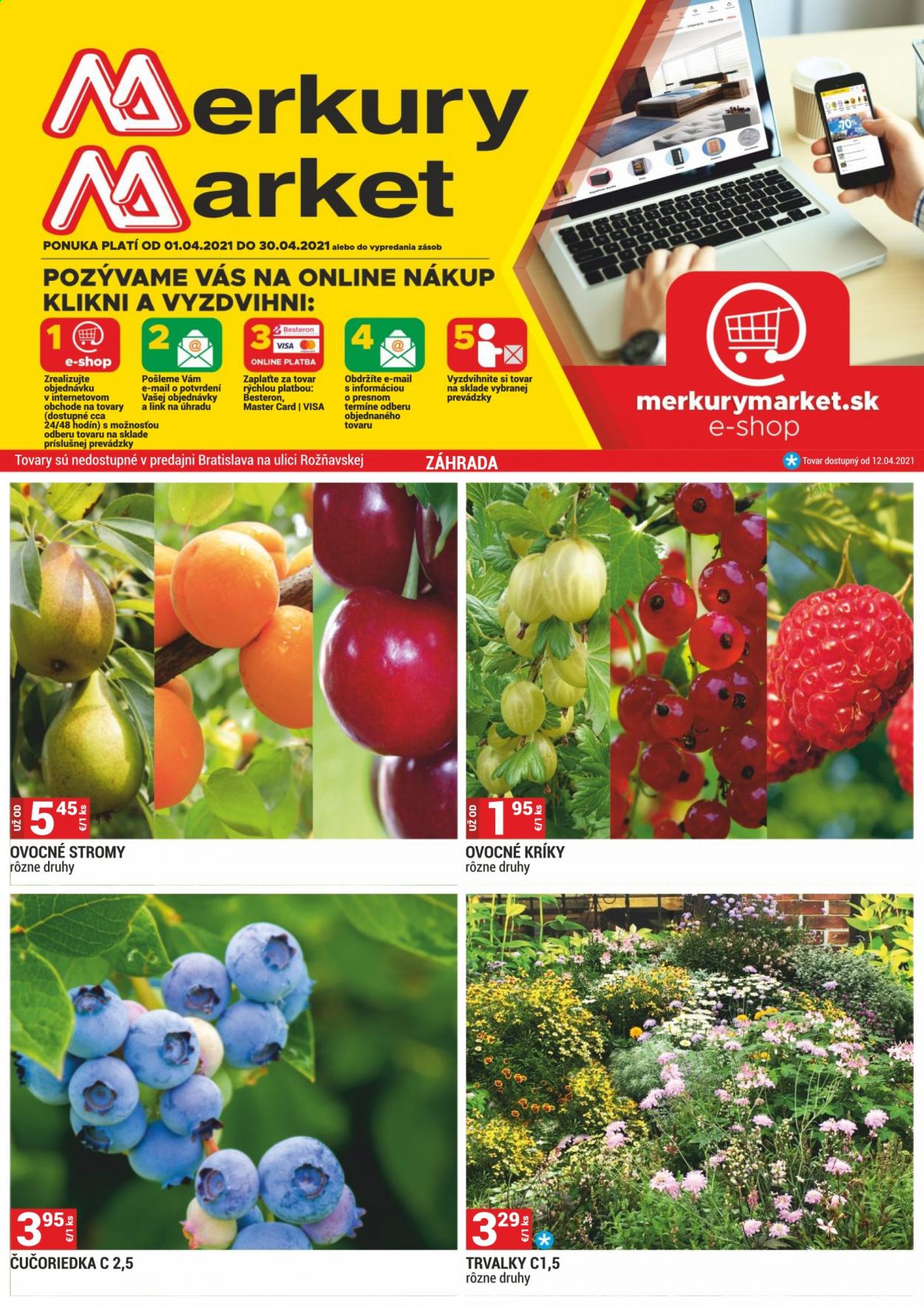 thumbnail - Leták Merkury Market - 1.4.2021 - 30.4.2021 - Produkty v akcii - ovocné stromy, trvalka. Strana 1.