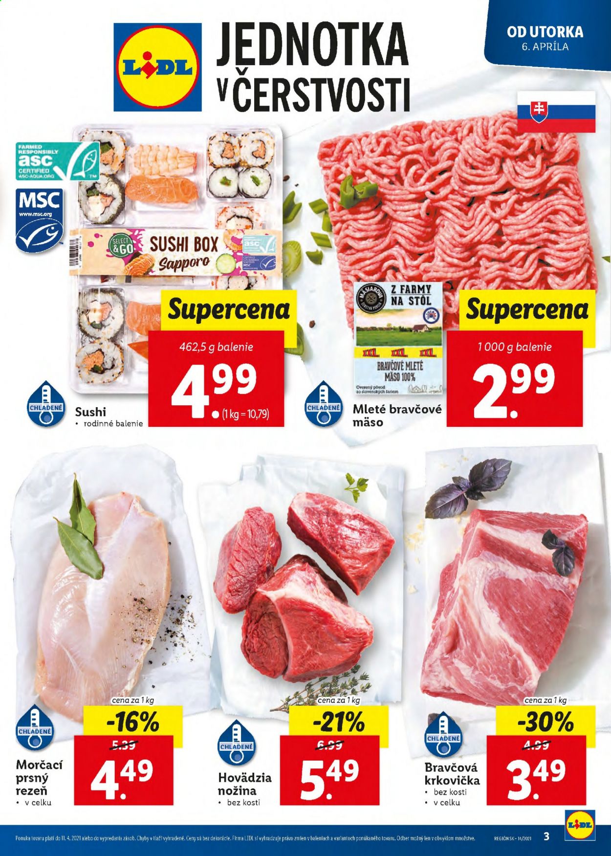 thumbnail - Leták Lidl - 6.4.2021 - 11.4.2021 - Produkty v akcii - mleté mäso, hovädzie mäso, hovädzia nožina, mleté bravčové mäso, bravčová krkovička, sushi. Strana 3.