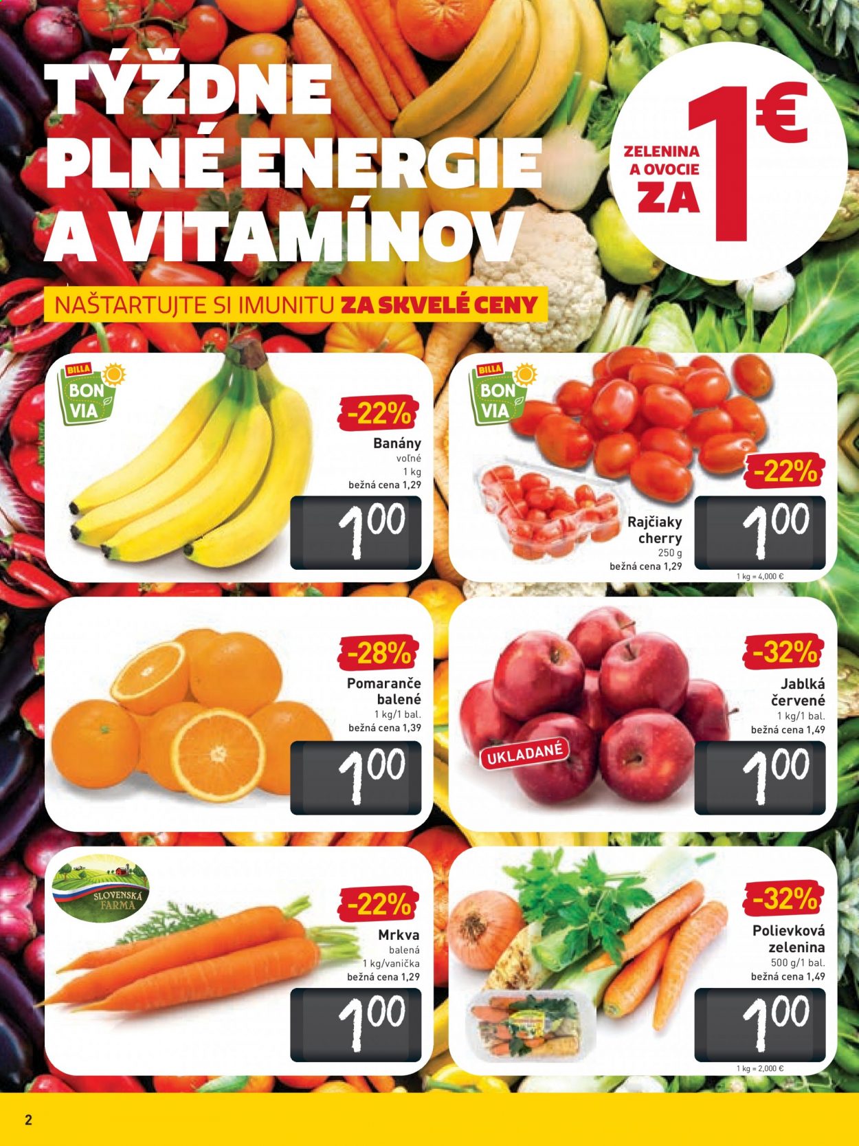 thumbnail - Leták Billa - 7.4.2021 - 13.4.2021 - Produkty v akcii - paradajky, mrkva, koktejlové paradajky, banány, jablká, pomaranče, červené jablká, detská vanička. Strana 2.