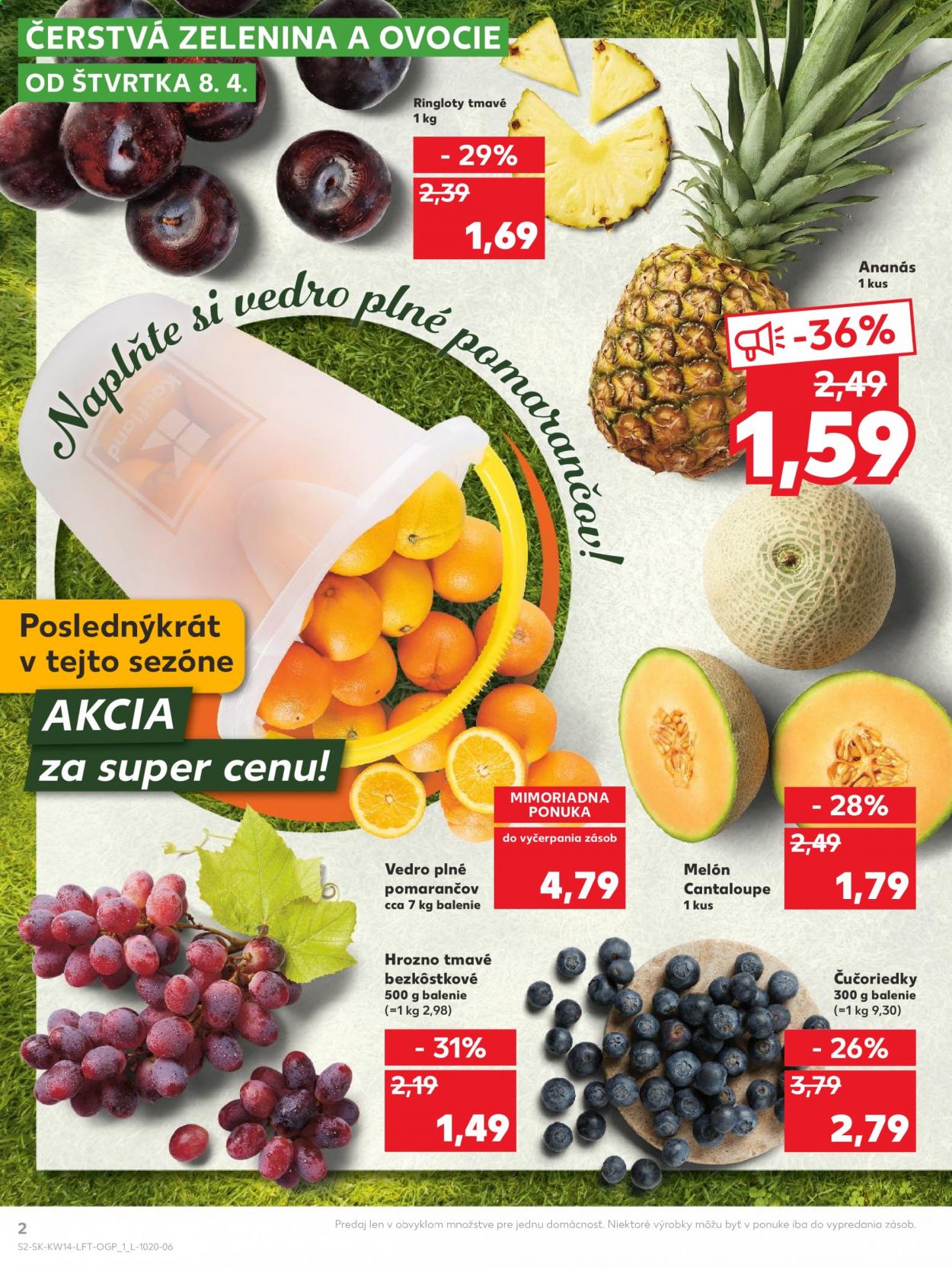 thumbnail - Leták Kaufland - 8.4.2021 - 14.4.2021 - Produkty v akcii - ananás, ringloty, hrozno, čučoriedky, pomaranče, melón. Strana 2.