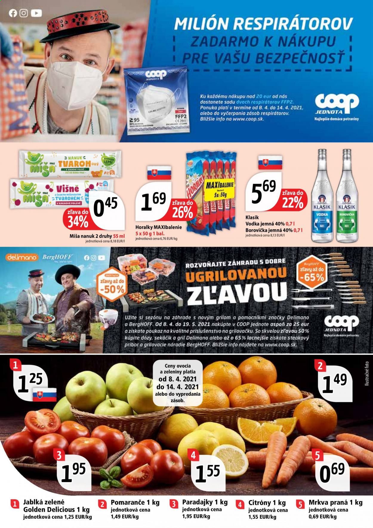 thumbnail - Leták COOP Jednota - 8.4.2021 - 21.4.2021 - Produkty v akcii - alkohol, borovička, vodka, misa, Horalky, pomaranče, paradajky, mrkva, citróny, Golden Delicious, jablká. Strana 12.