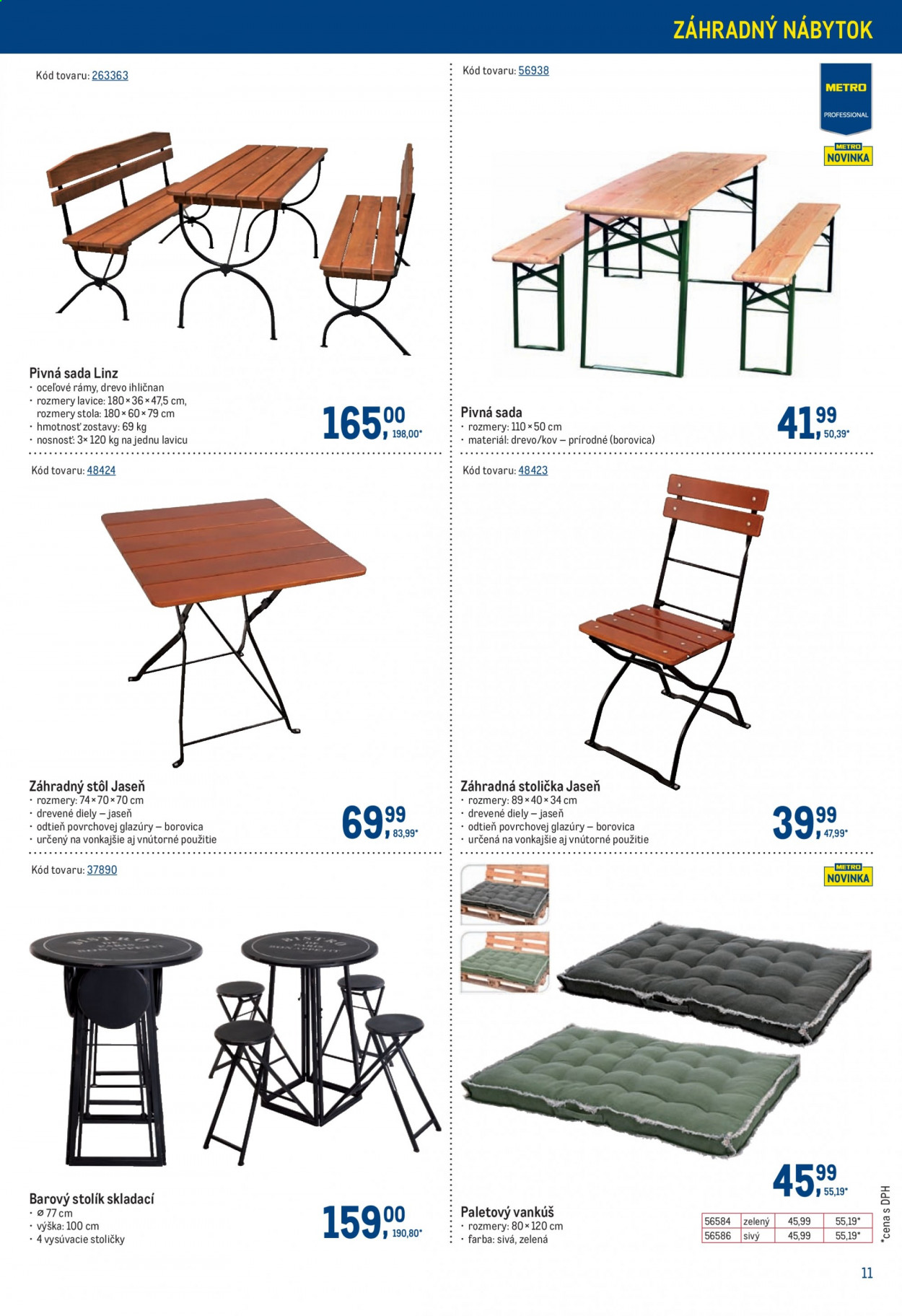 thumbnail - Leták Metro - 14.4.2021 - 11.5.2021 - Produkty v akcii - vankúš, stôl, stolička, zahradný nábytok, záhradný stôl, záhradná stolička, pivná sada. Strana 11.